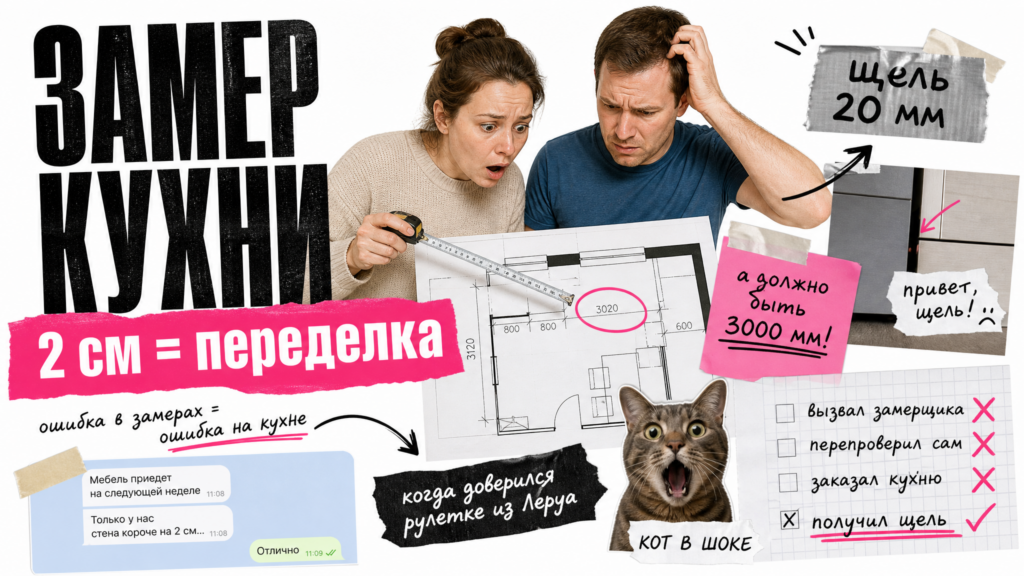 Семейная пара меряет кухню рулеткой — обложка статьи о замере кухни перед заказом мебели Lifresta