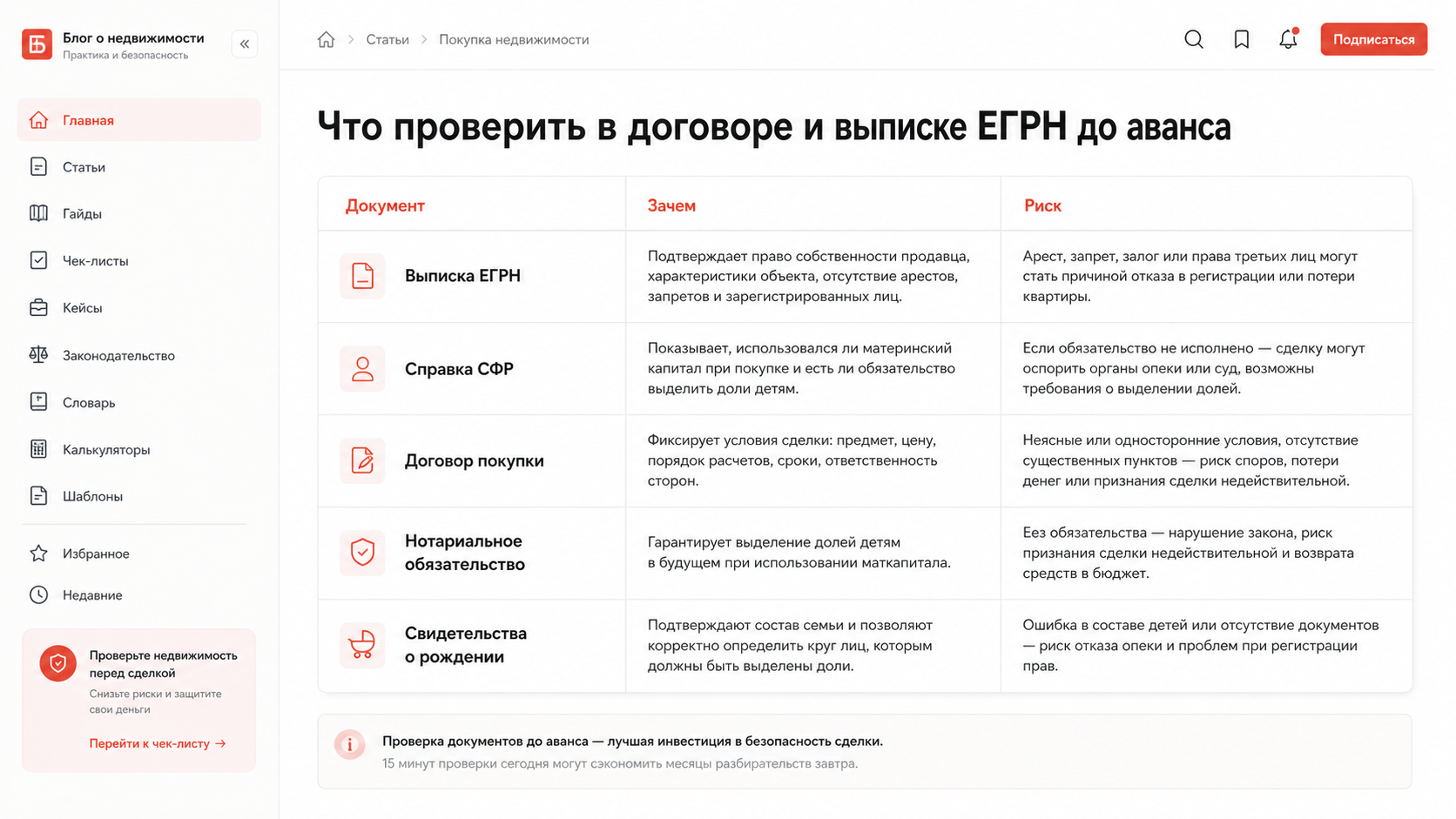 Таблица документов для проверки квартиры с маткапиталом