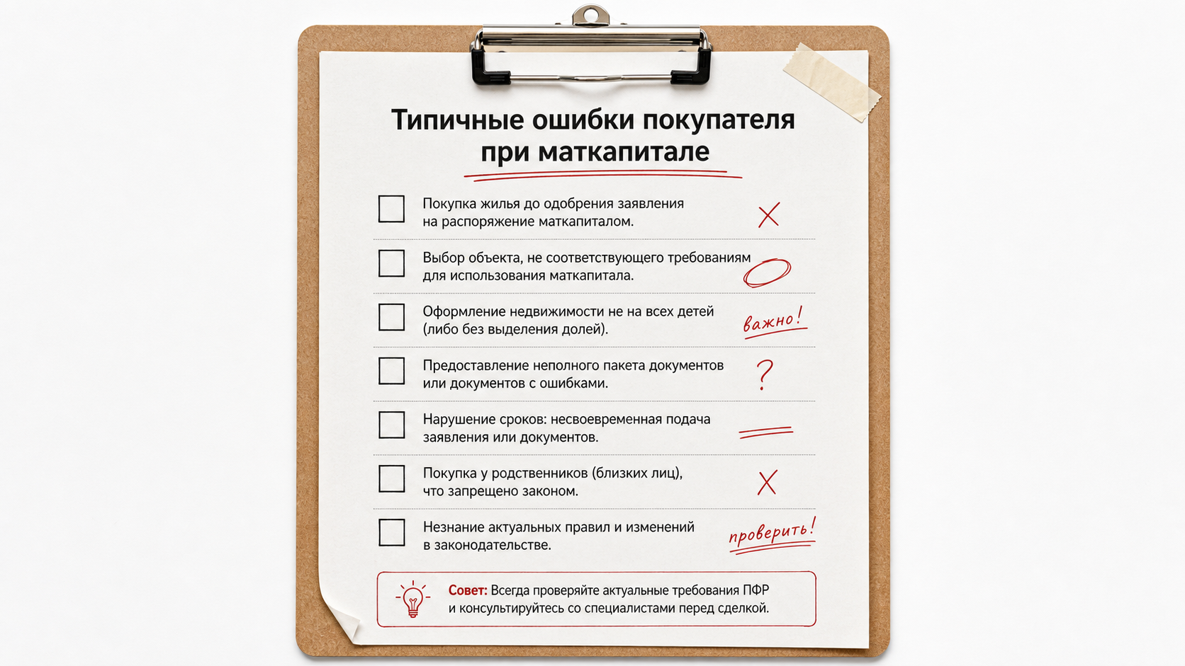 Чеклист типичных ошибок при покупке квартиры с маткапиталом