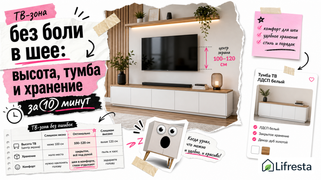 ТВ-зона без боли в шее: высота, тумба и хранение за 10 минут