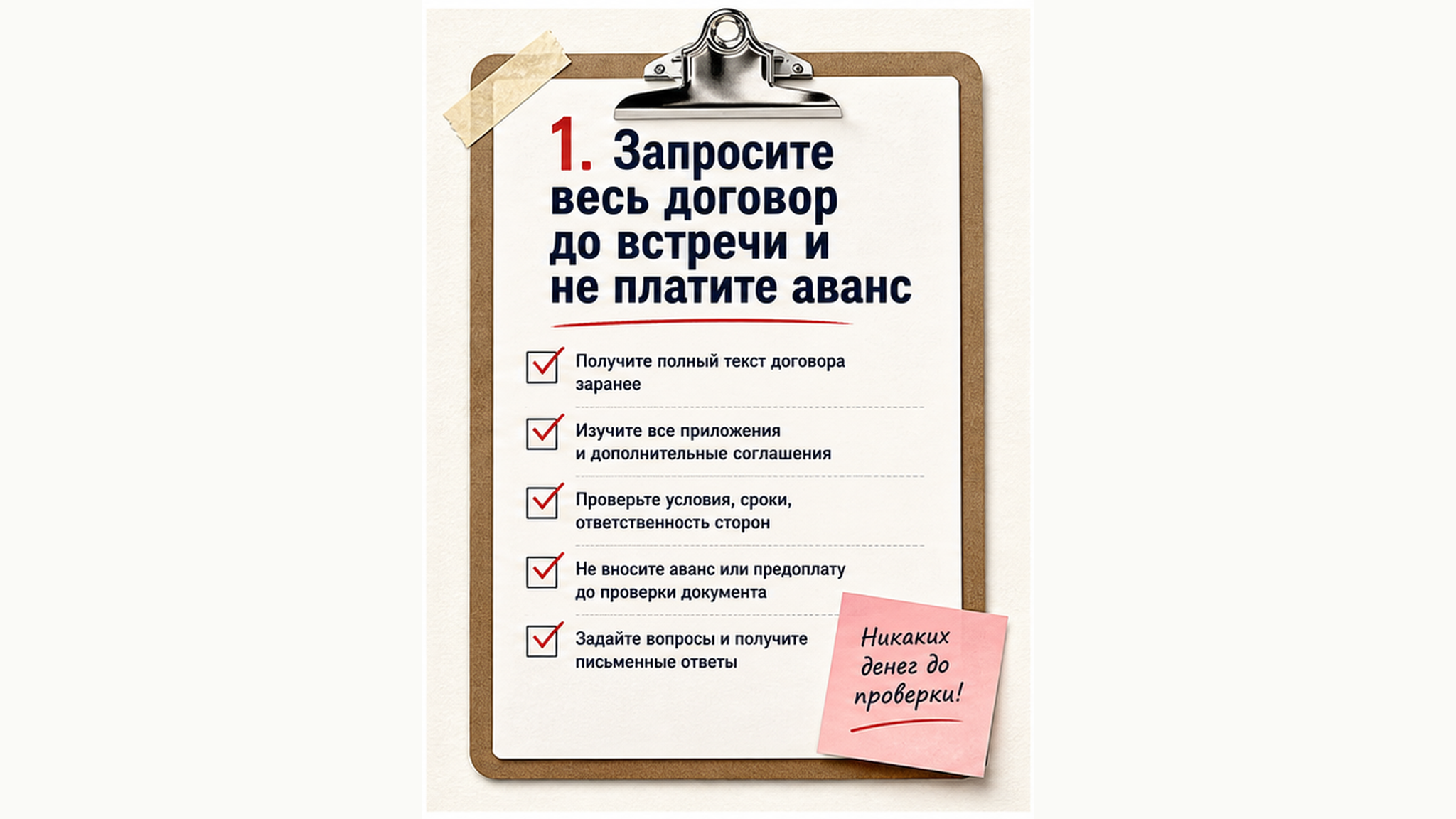 Чеклист / памятка: 1. Запросите весь договор до встречи и не платите аванс