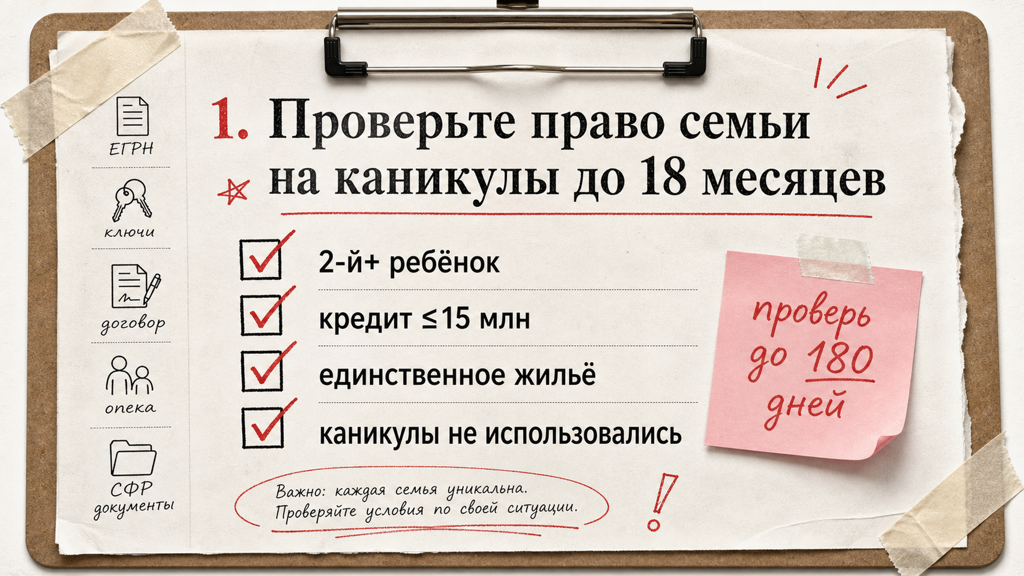 Чеклист условий права на ипотечные каникулы: второй ребёнок, лимит 15 млн, единственное жильё