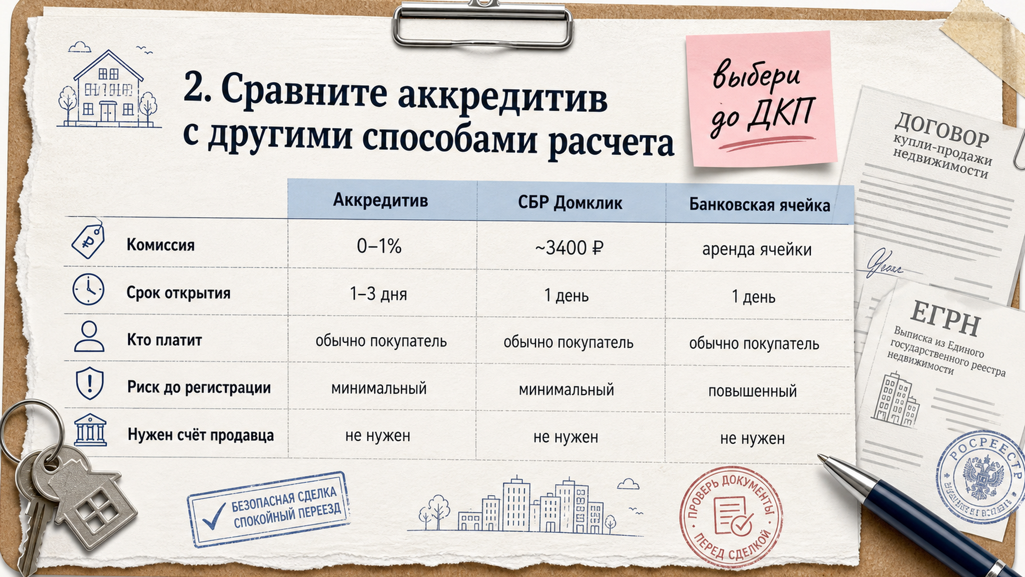Сравнение аккредитива, СБР и банковской ячейки при покупке квартиры