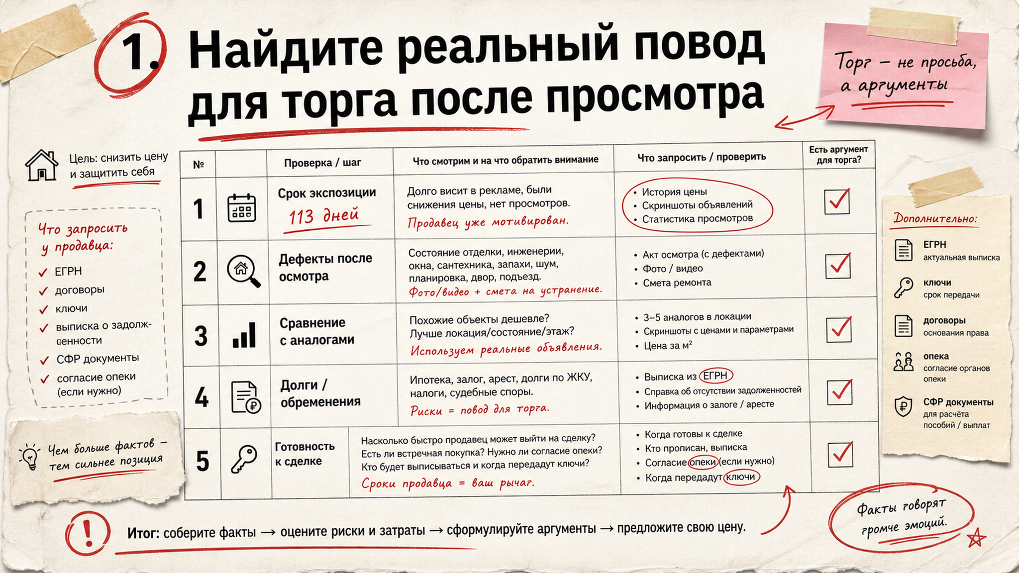 Чеклист / памятка: 1. Найдите реальный повод для торга после просмотра