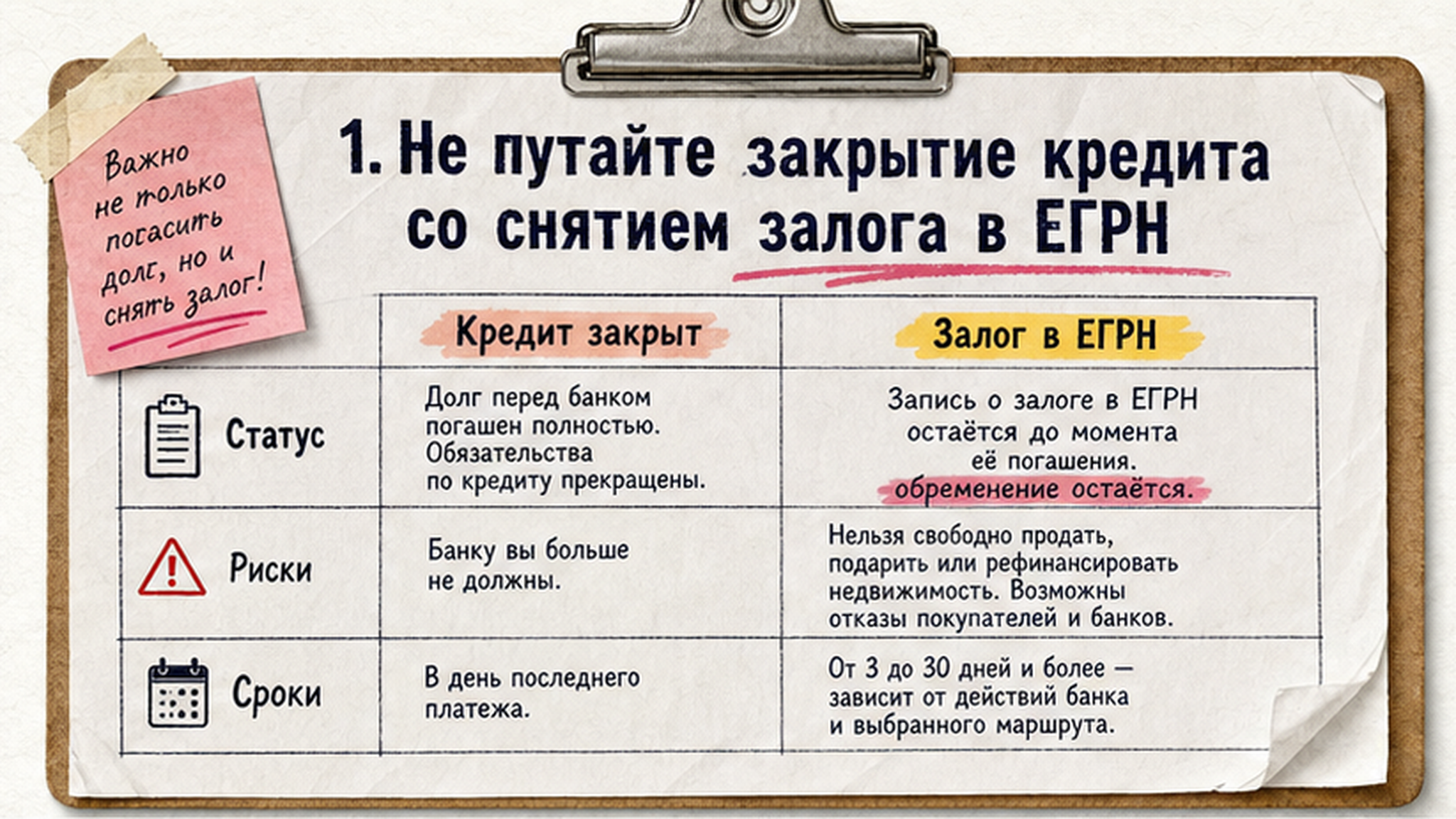 Сравнительная таблица на бумаге: 1. Не путайте закрытие кредита со снятием залога в ЕГРН