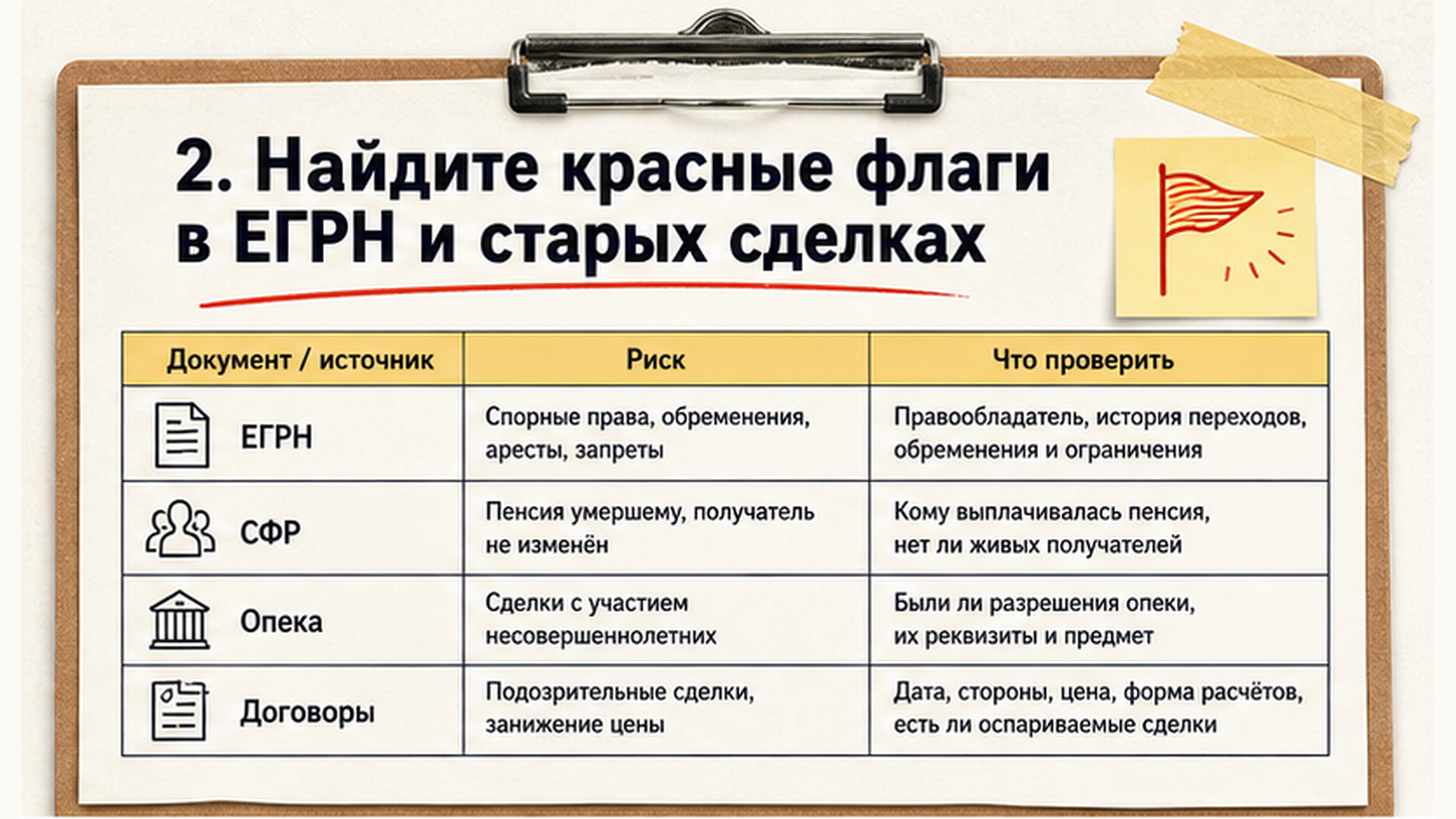 Сравнительная таблица на бумаге: 2. Найдите красные флаги в ЕГРН и старых сделках