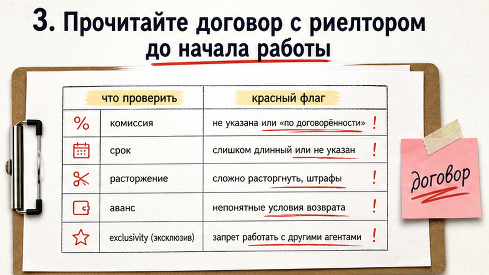 Таблица проверки договора с риелтором: комиссия, срок, аванс и красные флаги