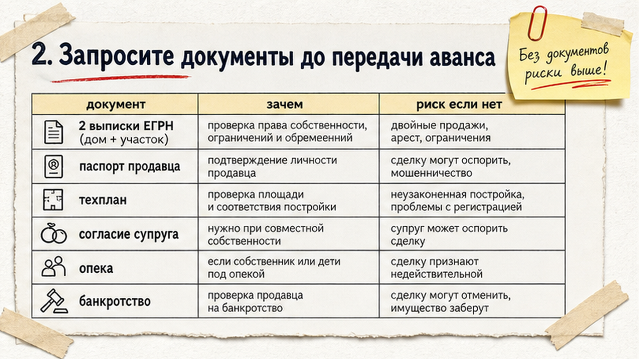 Сравнительная таблица на бумаге: 2. Запросите документы до передачи аванса