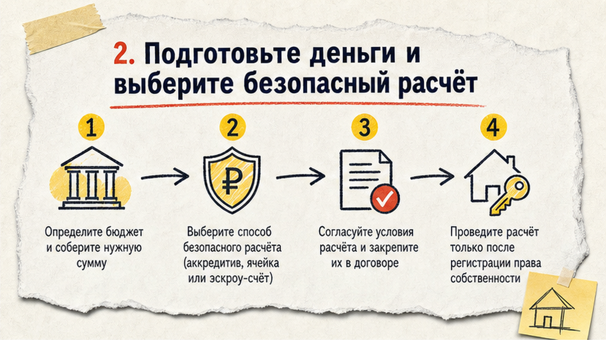 Схема шагов / маршрут: 2. Подготовьте деньги и выберите безопасный расчёт