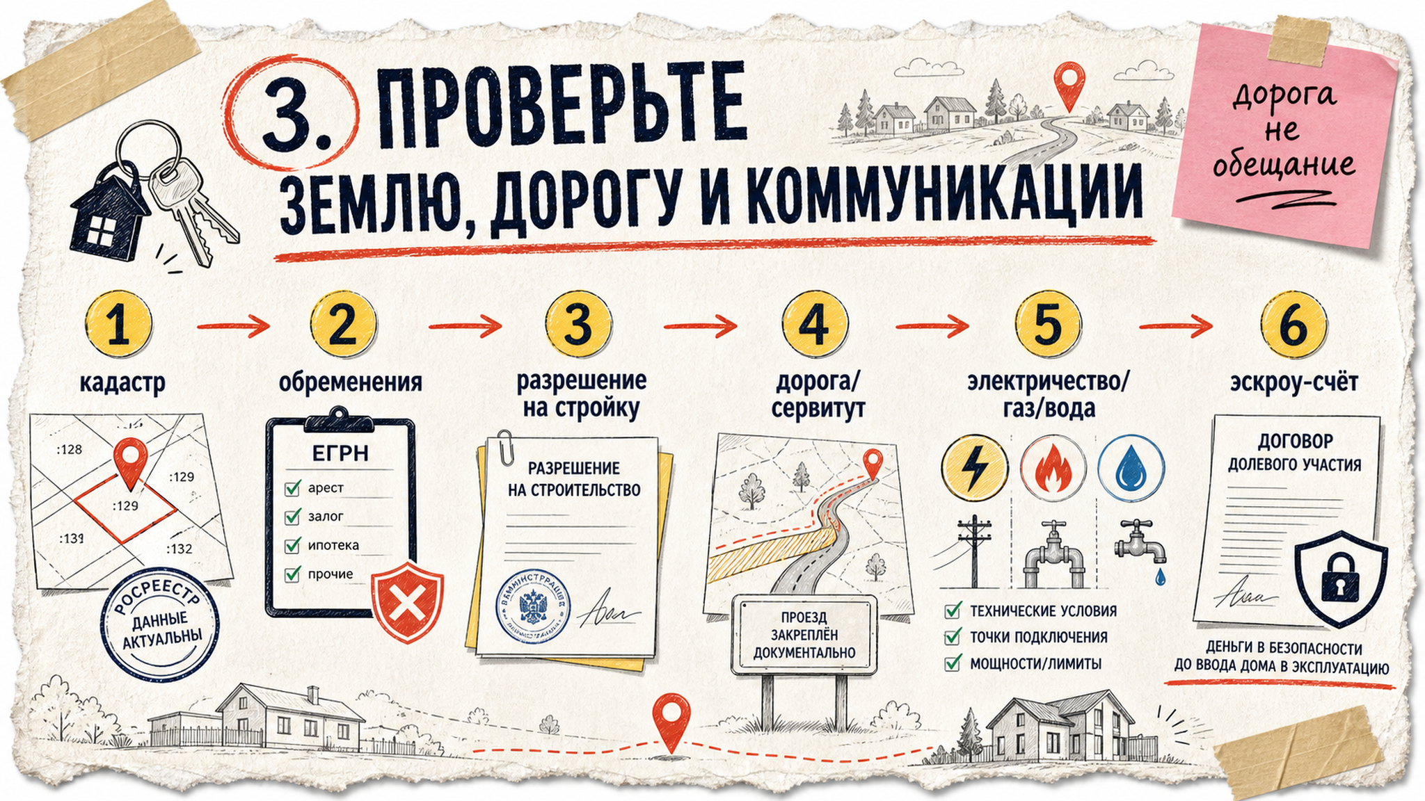 Схема проверки земли, дороги, коммуникаций и эскроу при покупке дома