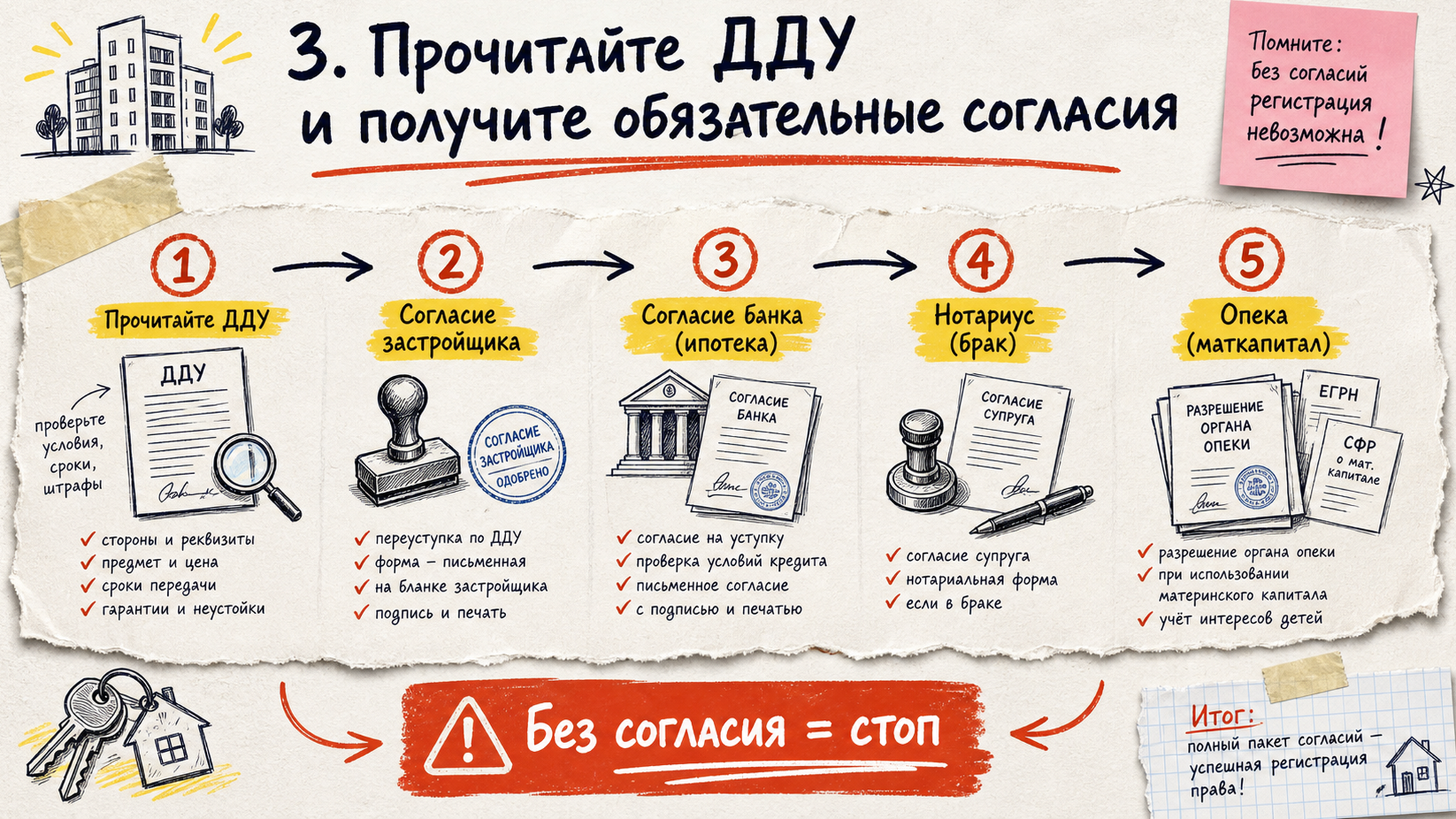 Схема обязательных согласий застройщика, банка и супруга при переуступке ДДУ
