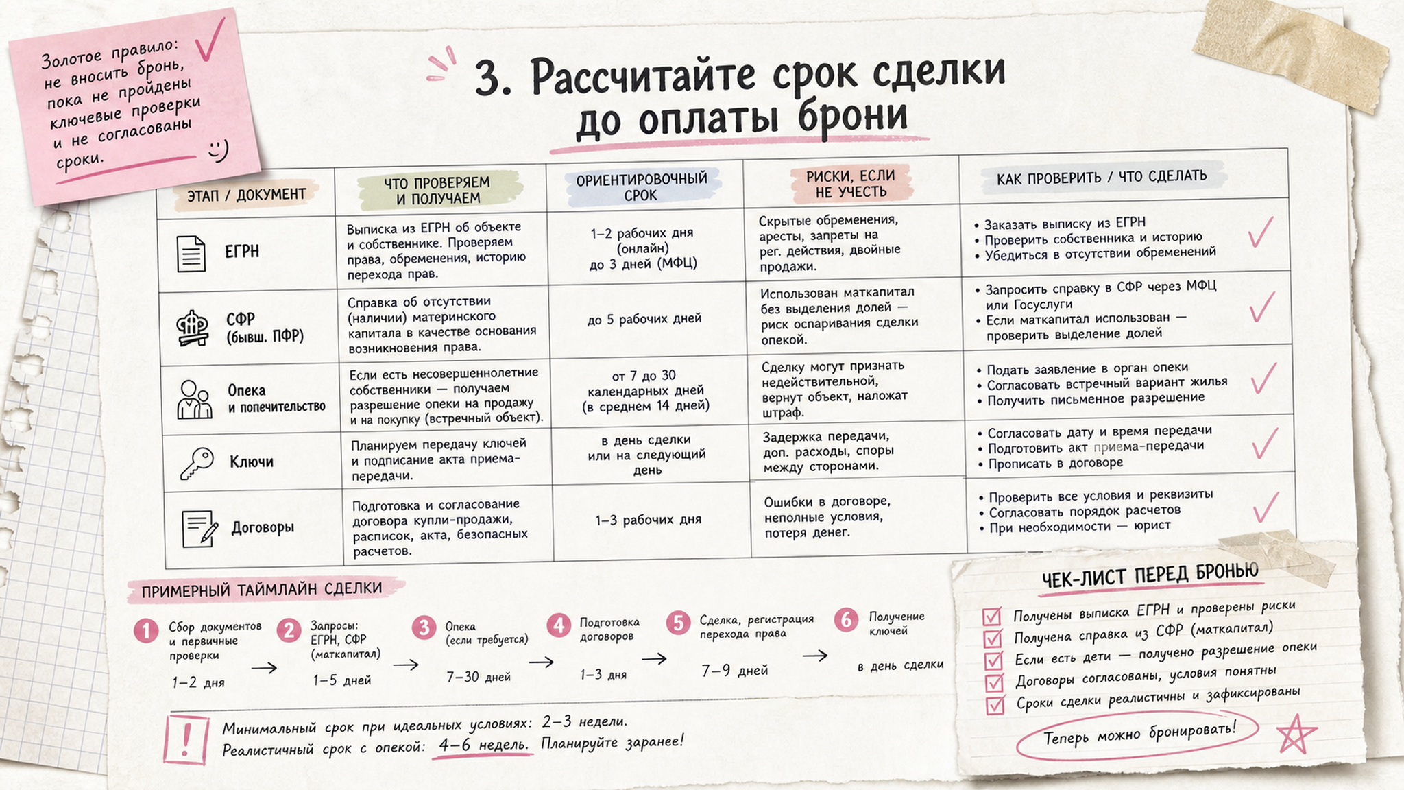 Сравнительная таблица на бумаге: 3. Рассчитайте срок сделки до оплаты брони