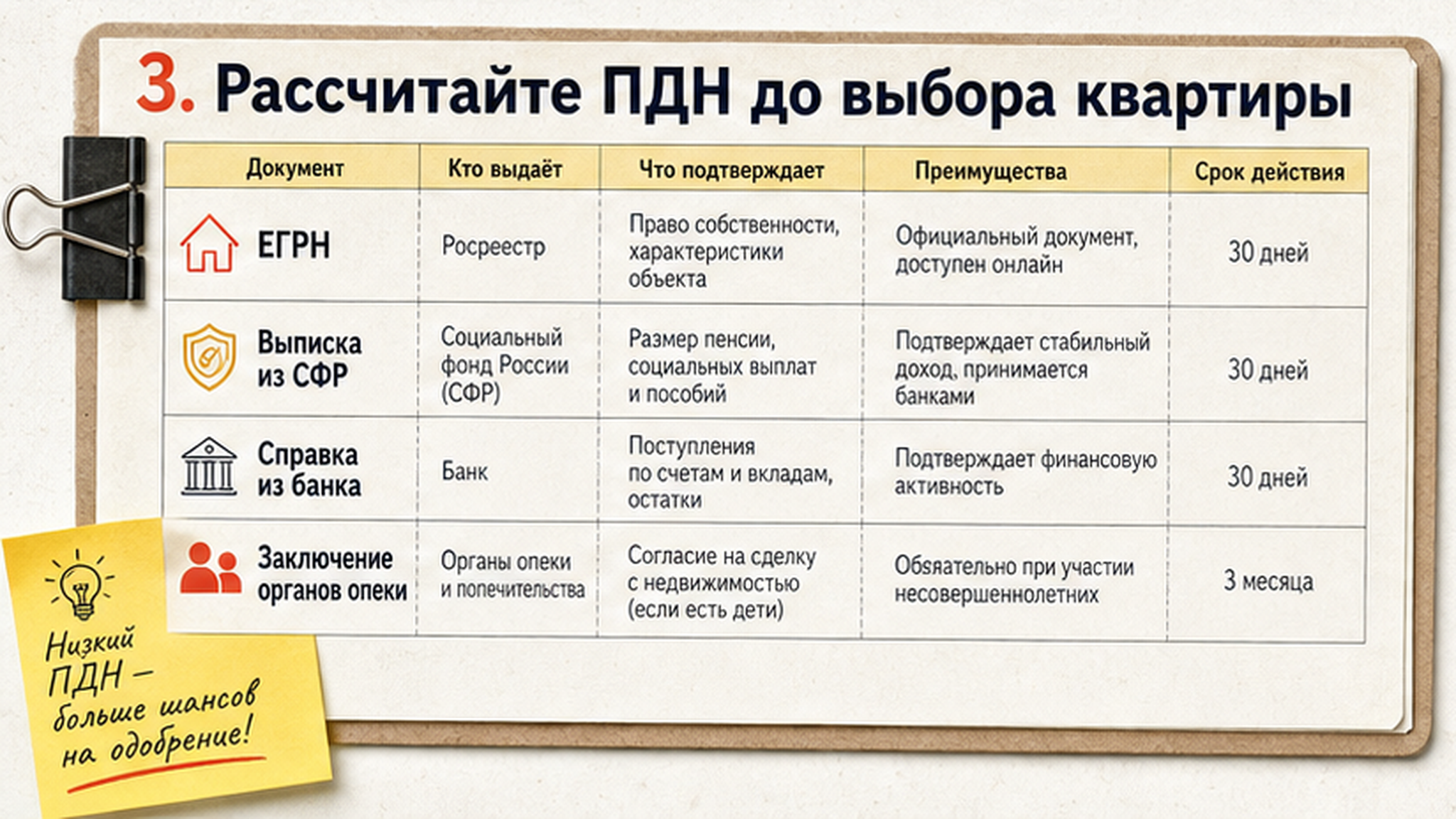 Сравнительная таблица на бумаге: 3. Рассчитайте ПДН до выбора квартиры