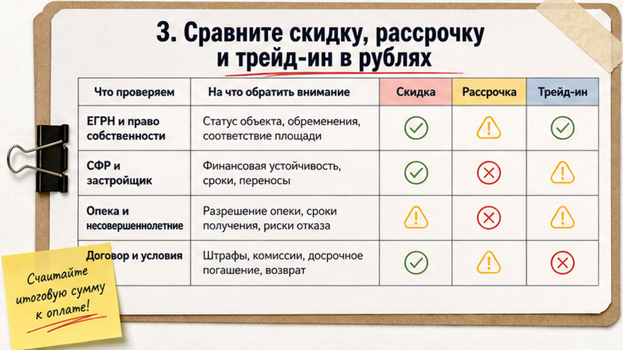Сравнительная таблица на бумаге: 3. Сравните скидку, рассрочку и трейд-ин в рублях