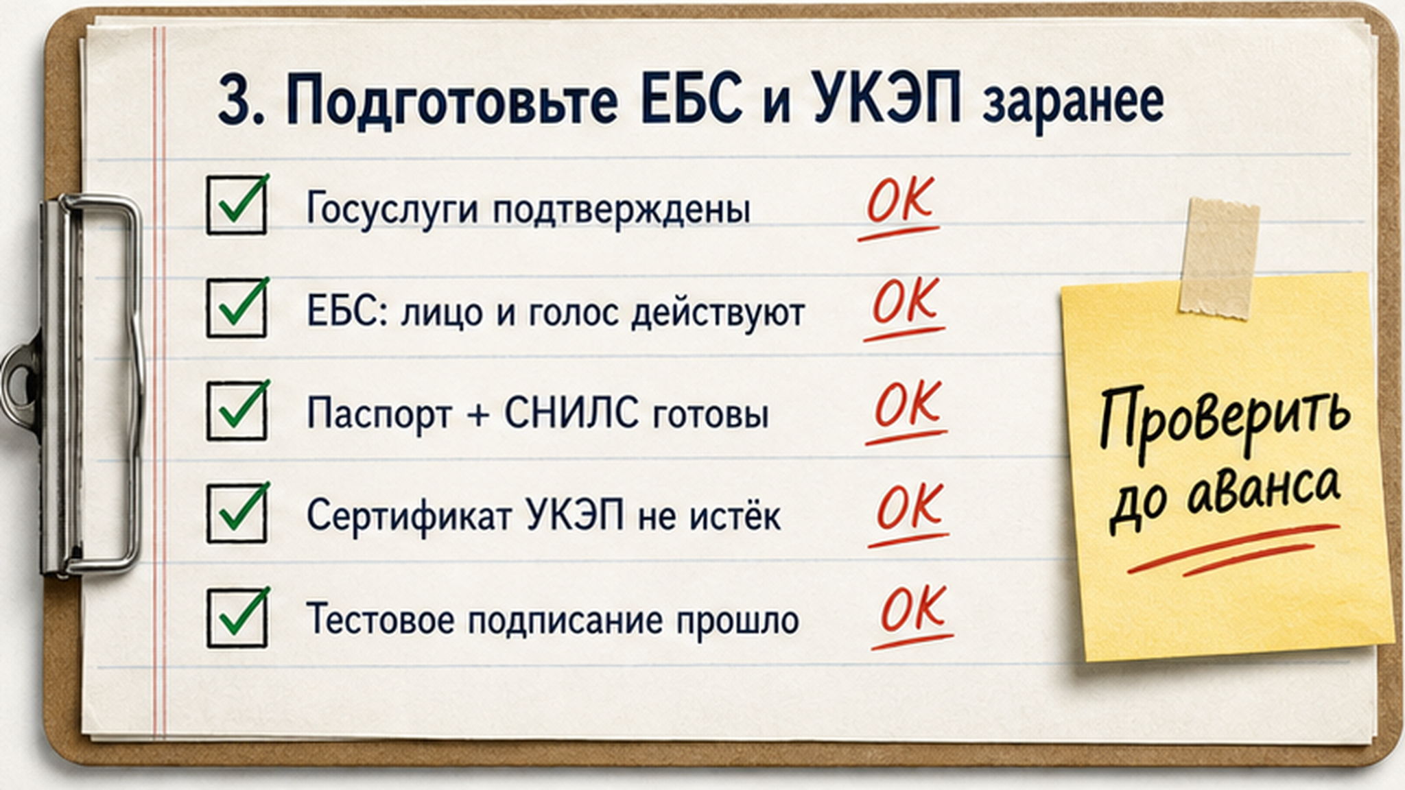 Чек-лист подготовки Госуслуг, ЕБС и УКЭП до сделки