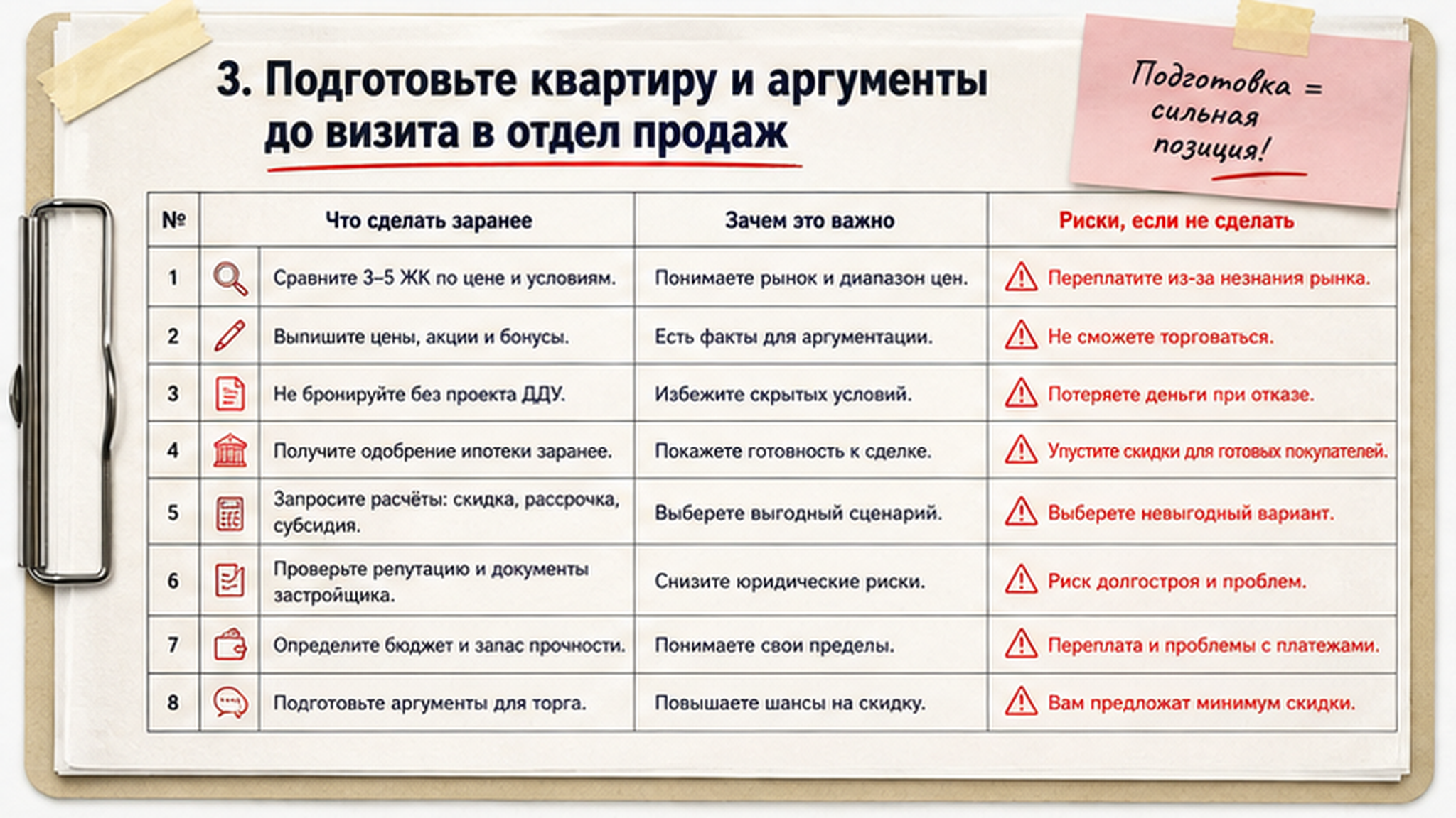 Сравнительная таблица на бумаге: 3. Подготовьте квартиру и аргументы до визита в отдел продаж