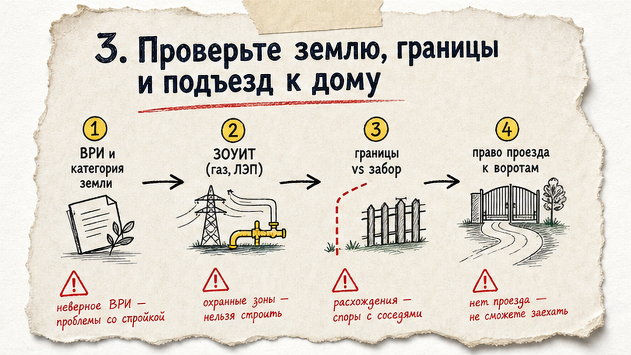 Схема шагов / маршрут: 3. Проверьте землю, границы и подъезд к дому