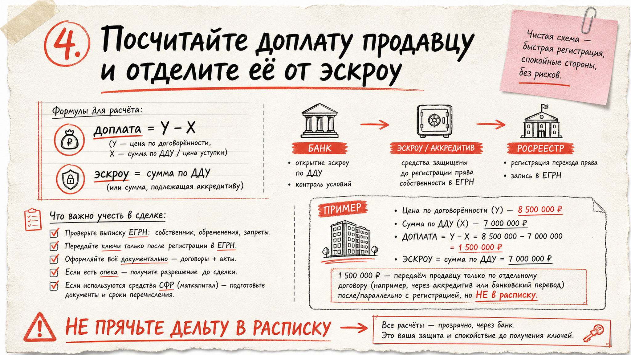 Инфографика: как посчитать доплату продавцу и отделить её от эскроу-счёта