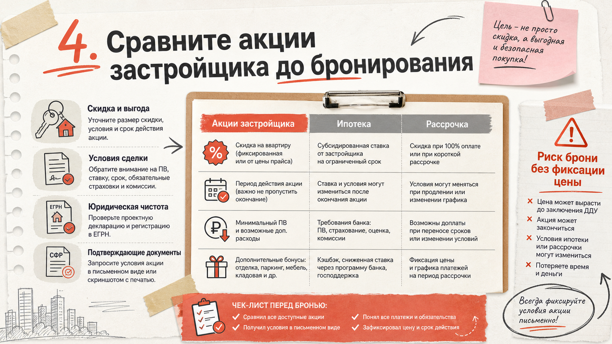 Карточка-инфографика: 4. Сравните акции застройщика до бронирования