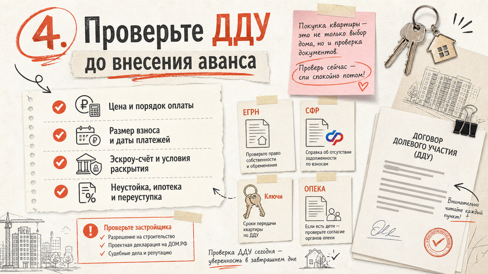 Карточка-инфографика: 4. Проверьте ДДУ до внесения аванса