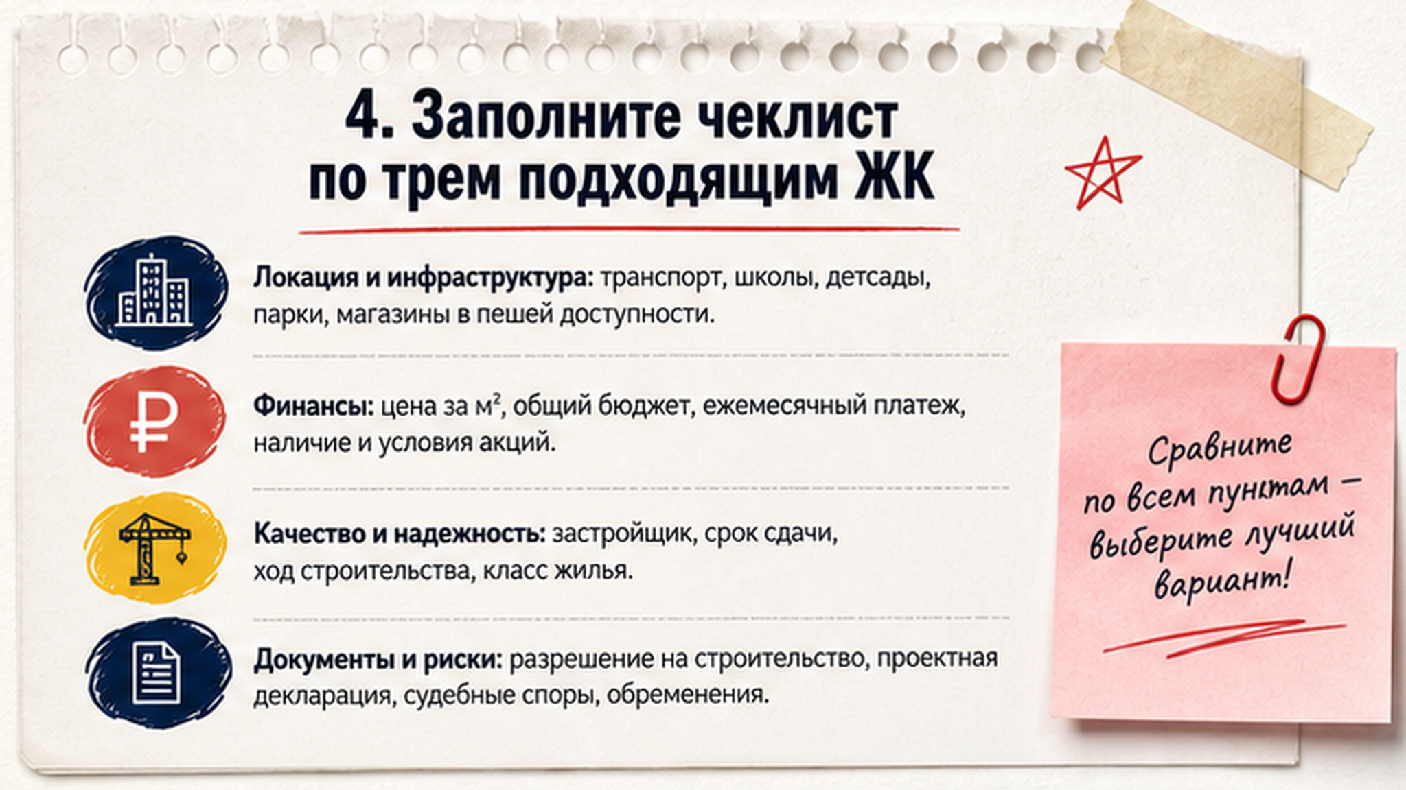 Карточка-инфографика: 4. Заполните чеклист по трем подходящим ЖК