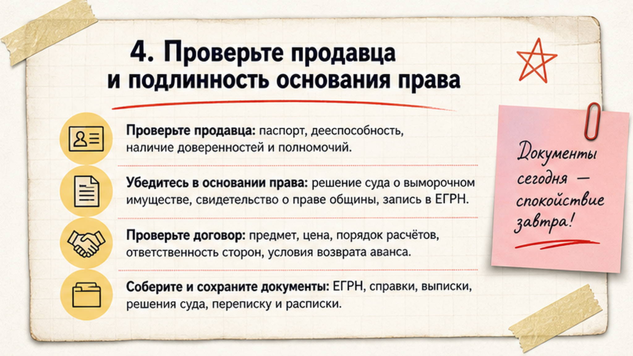 Карточка-инфографика: 4. Проверьте продавца и подлинность основания права