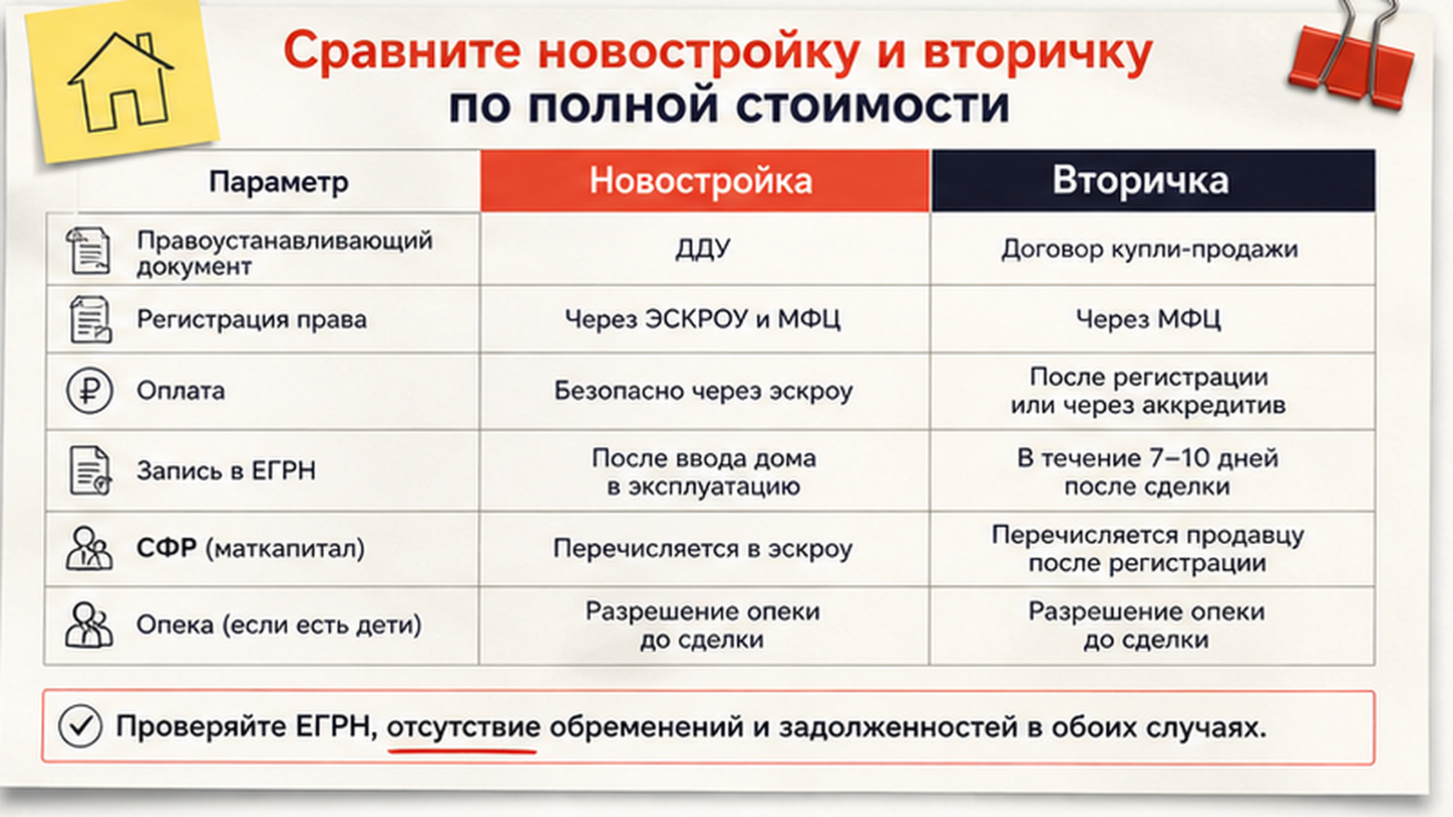 Сравнительная таблица на бумаге: Сравните новостройку и вторичку по полной стоимости