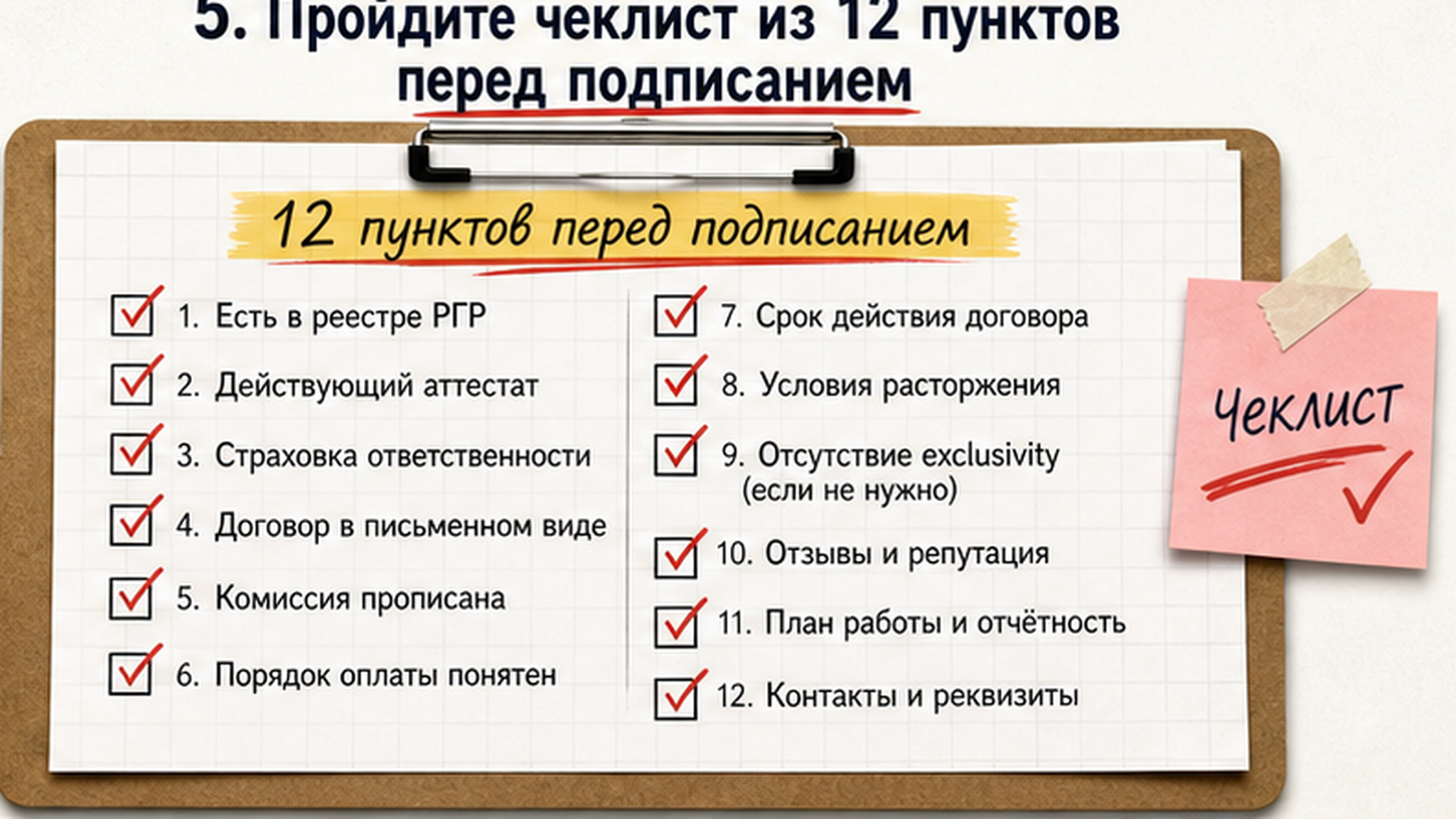 Чеклист из 12 пунктов для проверки риелтора перед подписанием договора