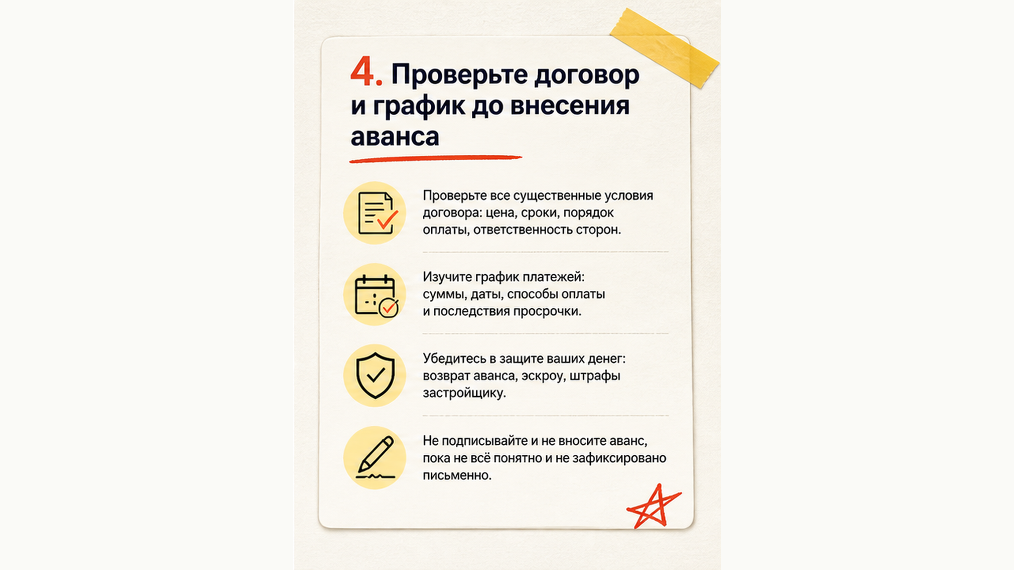 Карточка-инфографика: 4. Проверьте договор и график до внесения аванса