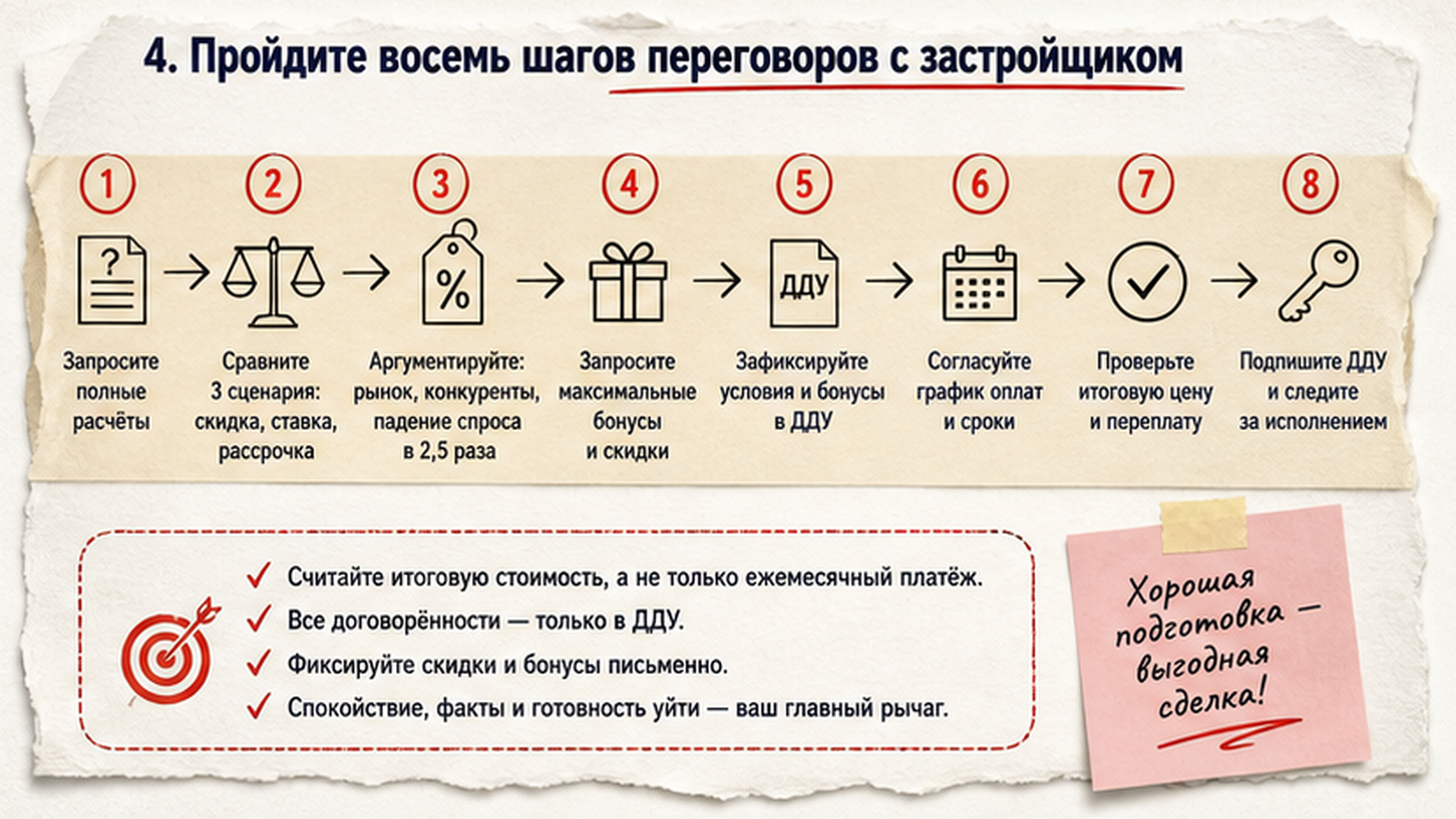 Карточка-инфографика: 4. Пройдите восемь шагов переговоров с застройщиком