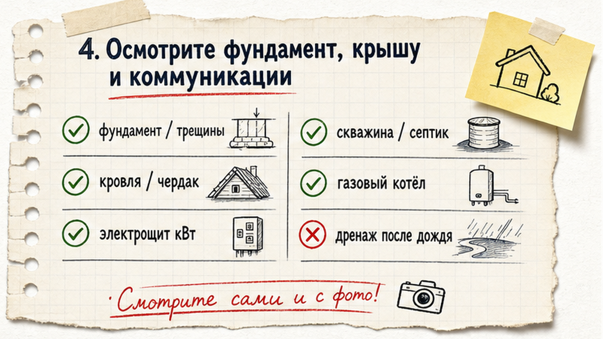 Карточка-инфографика: 4. Осмотрите фундамент, крышу и коммуникации