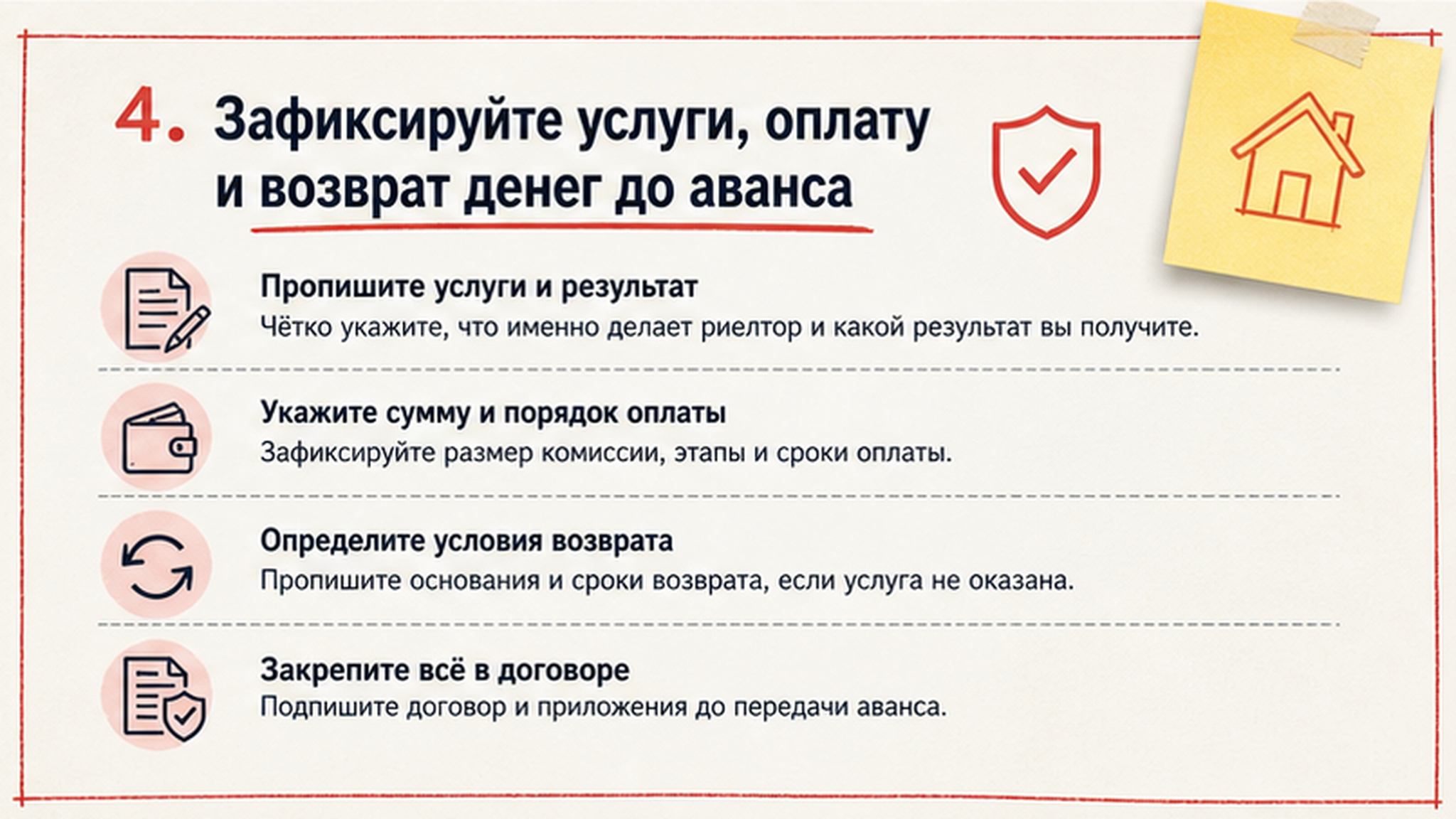 Карточка-инфографика: 4. Зафиксируйте услуги, оплату и возврат денег до аванса