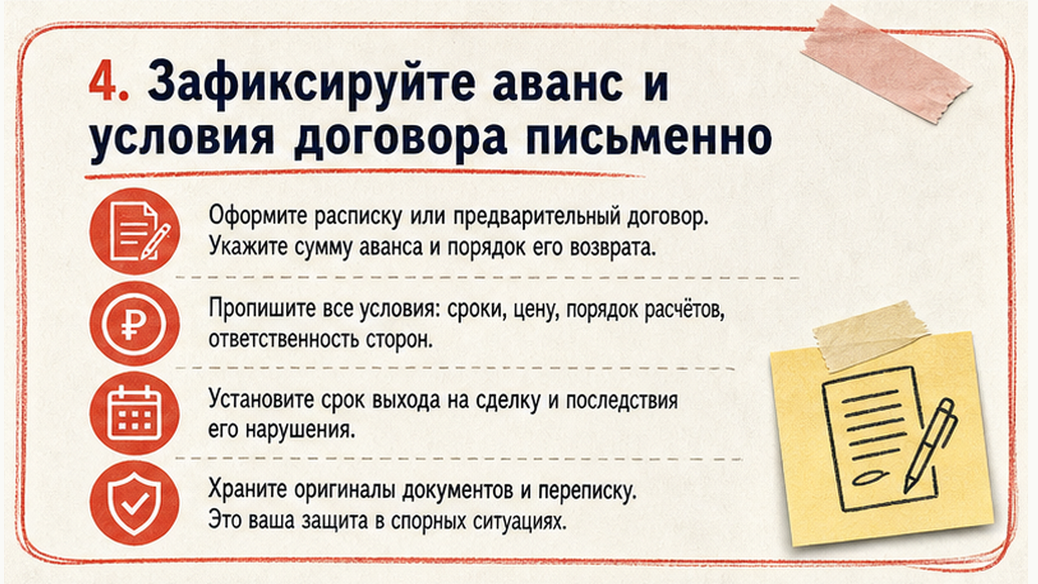 Карточка-инфографика: 4. Зафиксируйте аванс и условия договора письменно