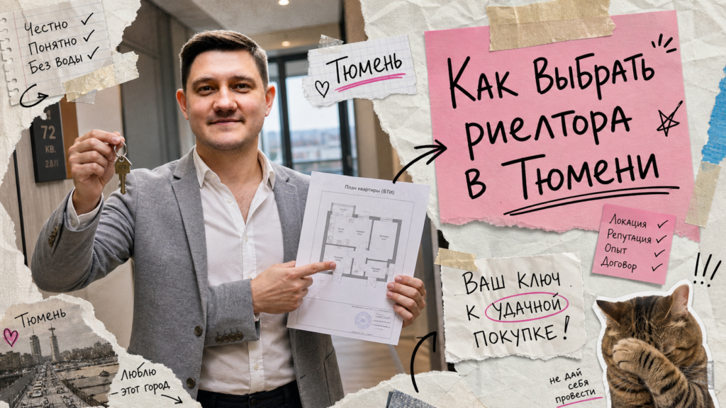 Обложка: как выбрать риелтора в Тюмени — чеклист, реестр РГР, мем-коллаж со Святославом Шакиным