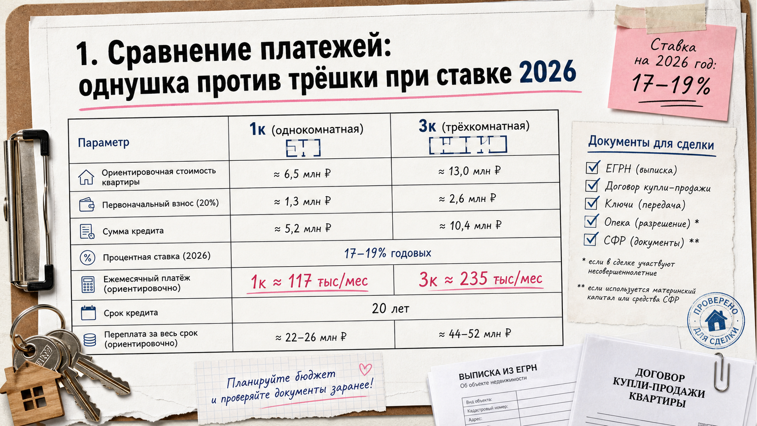 Сравнение платежей однушки и трёшки