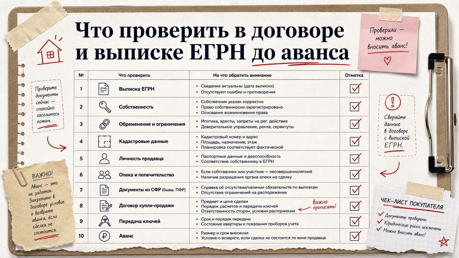 Чеклист / памятка: Что проверить в договоре и выписке ЕГРН до аванса