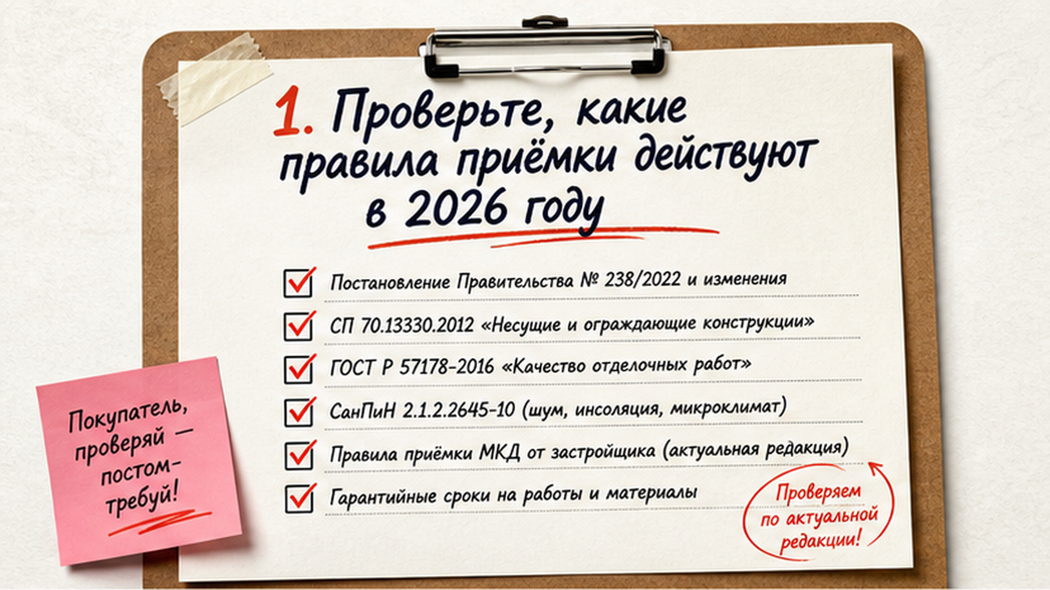 Чеклист / памятка: 1. Проверьте, какие правила приёмки действуют в 2026 году