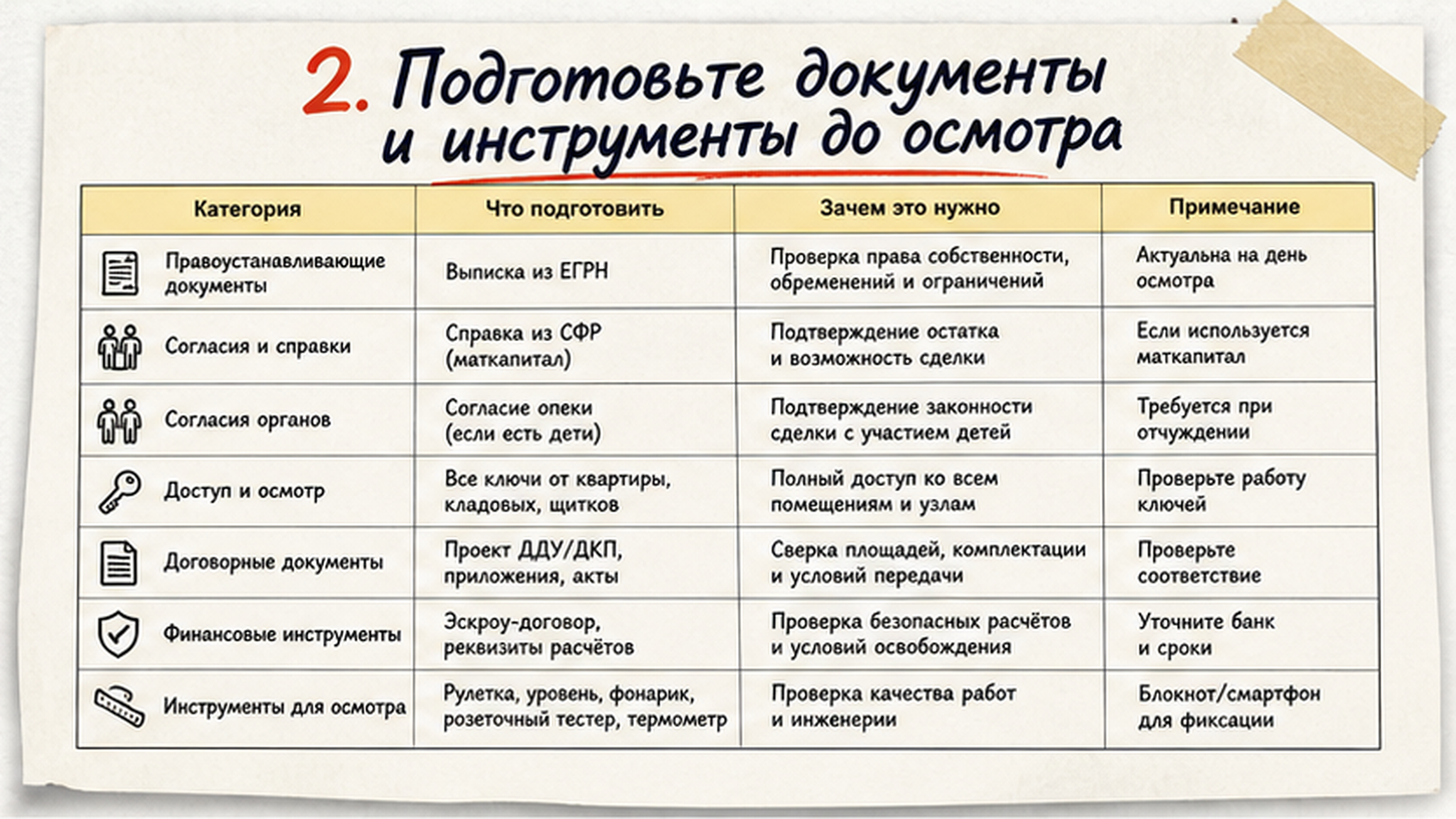 Сравнительная таблица на бумаге: 2. Подготовьте документы и инструменты до осмотра