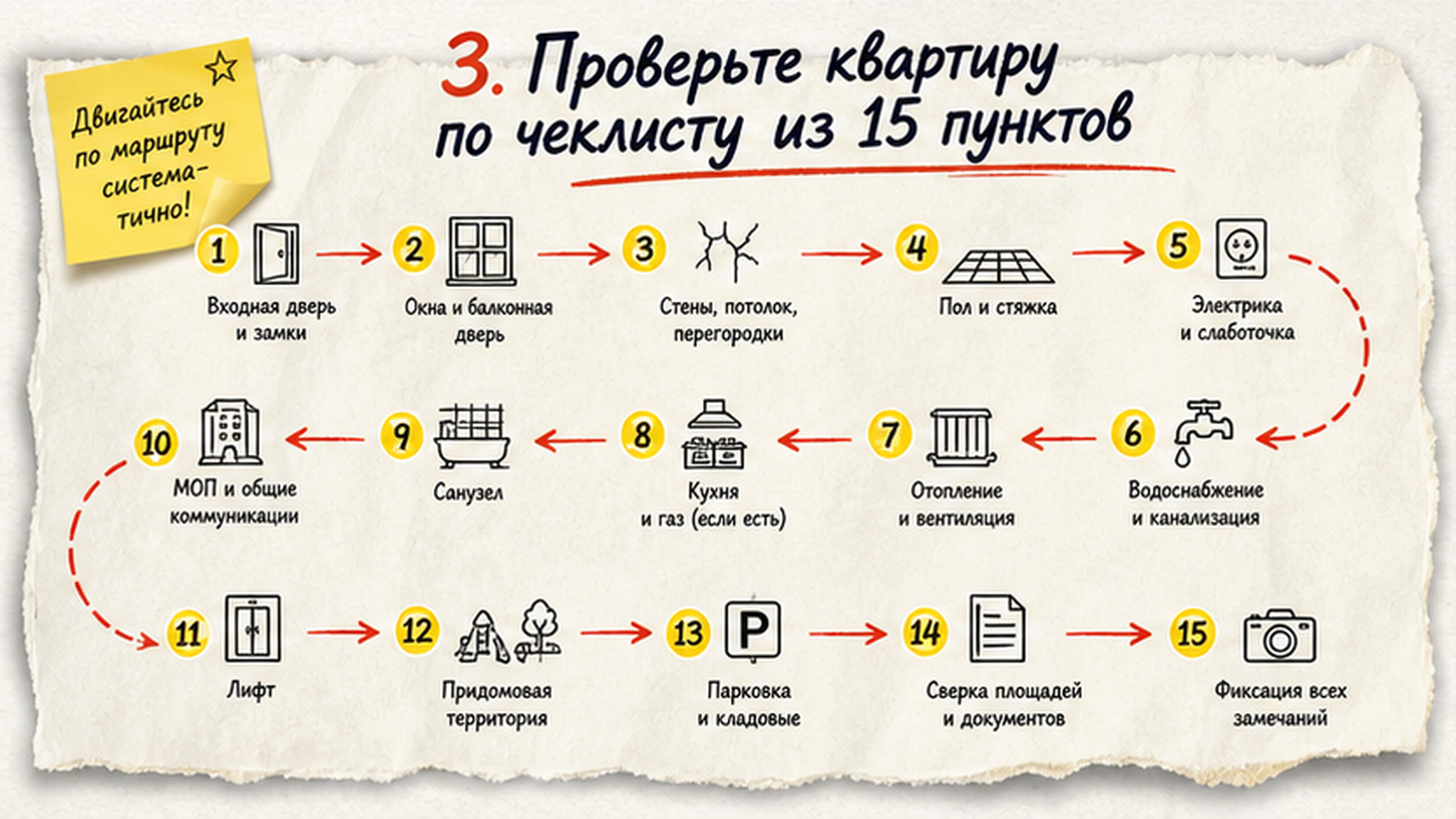 Схема шагов / маршрут: 3. Проверьте квартиру по чеклисту из 15 пунктов