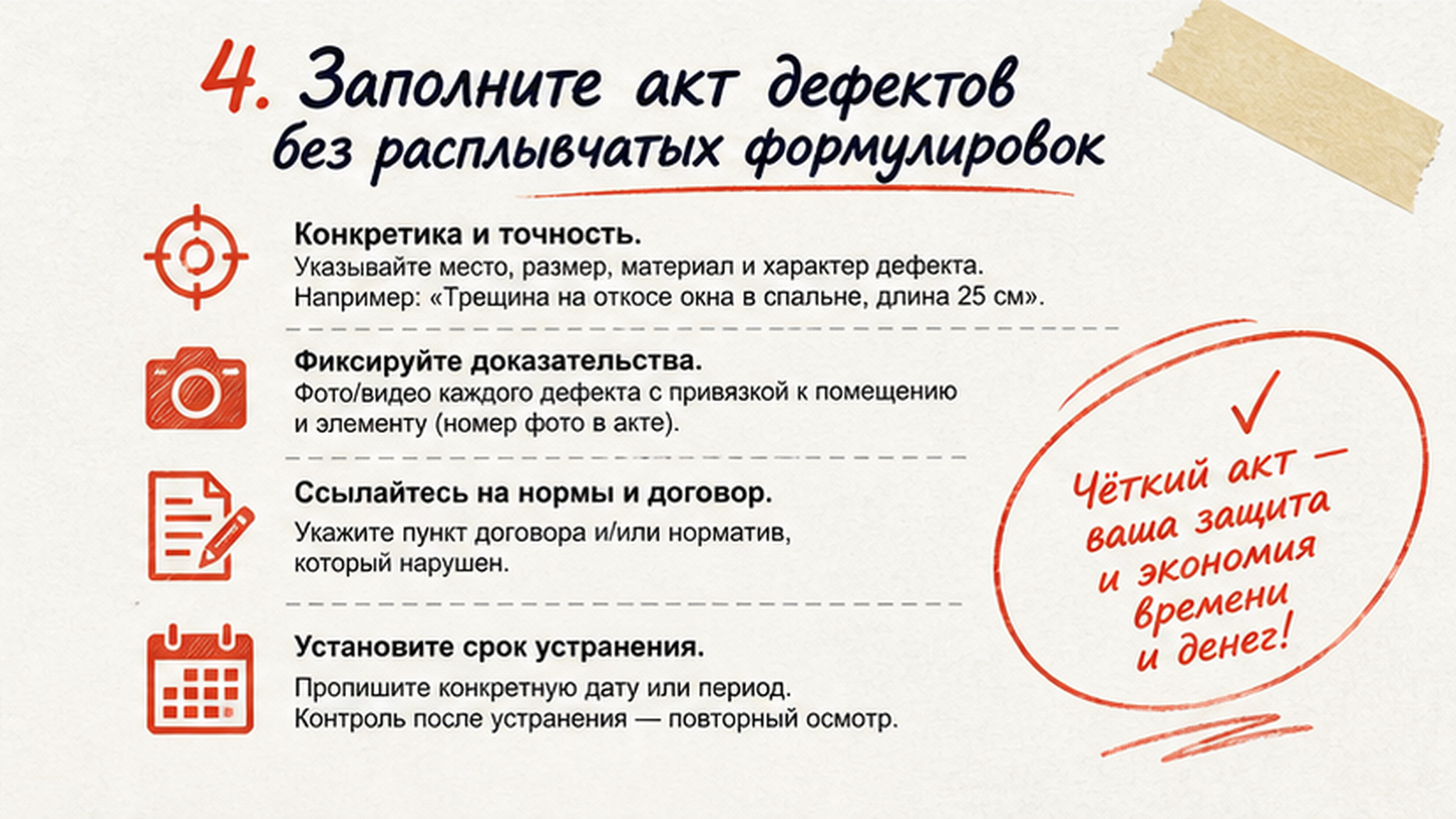 Карточка-инфографика: 4. Заполните акт дефектов без расплывчатых формулировок