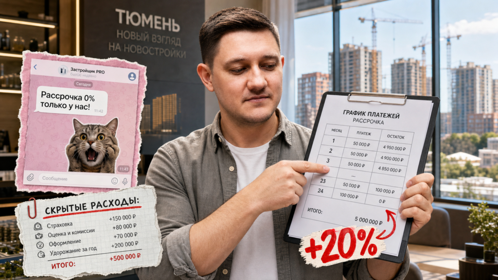 Риэлтор Святослав Шакин в офисе новостройки Тюмени держит договор рассрочки — мем-коллаж с предупреждением о наценке 15-20%