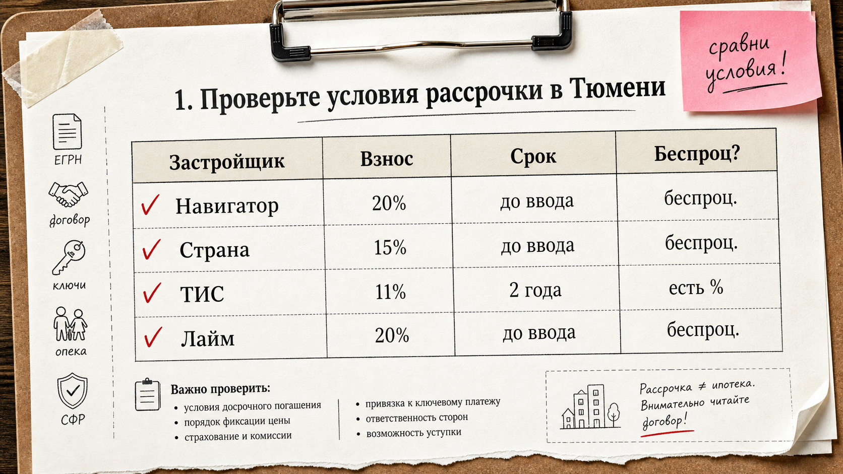 Таблица условий рассрочки застройщиков Тюмени: Навигатор, Страна, ТИС, Лайм — взнос, срок, беспроцентная
