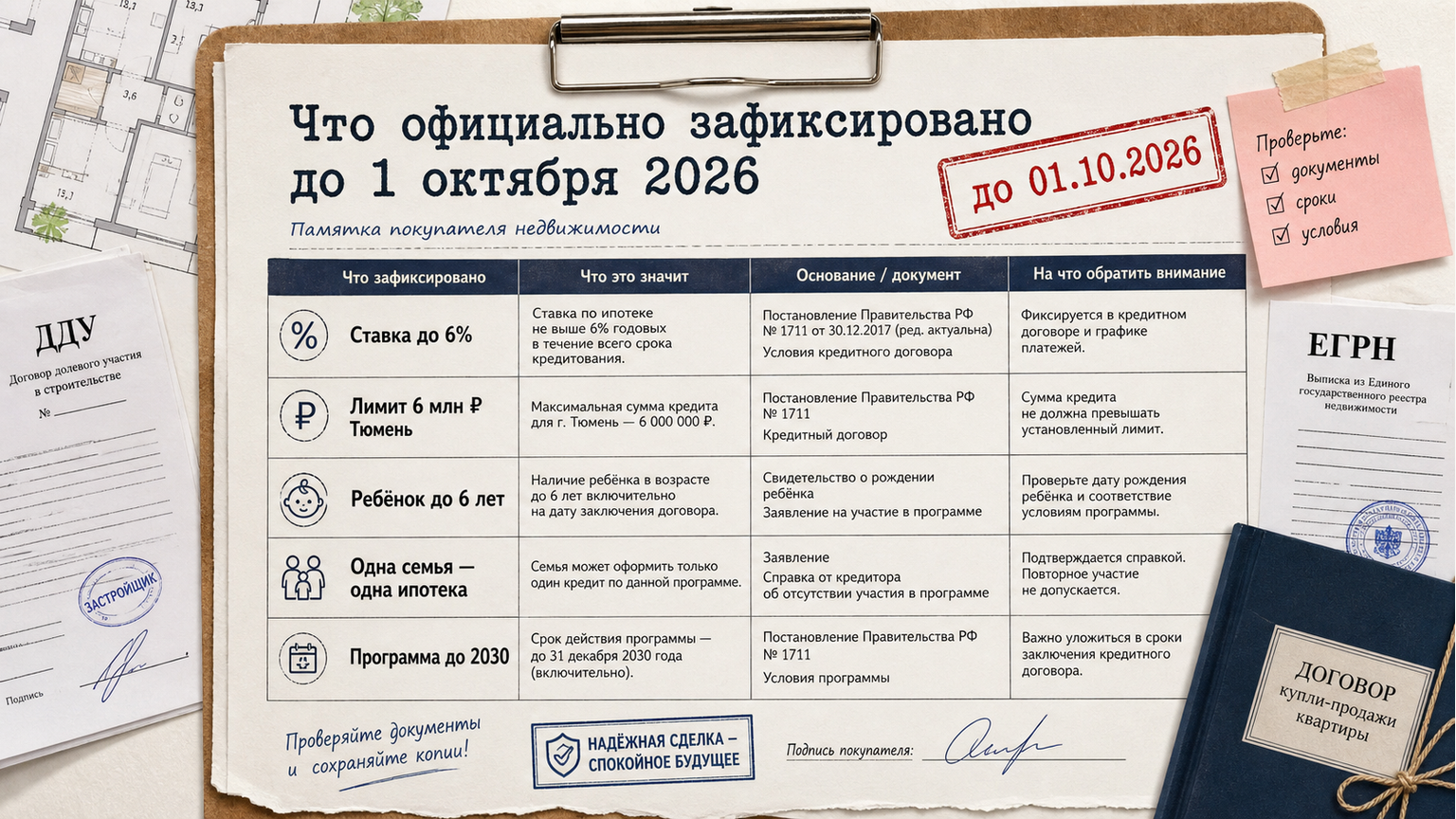 Таблица условий семейной ипотеки до 1 октября 2026: ставка, лимит, кто получает