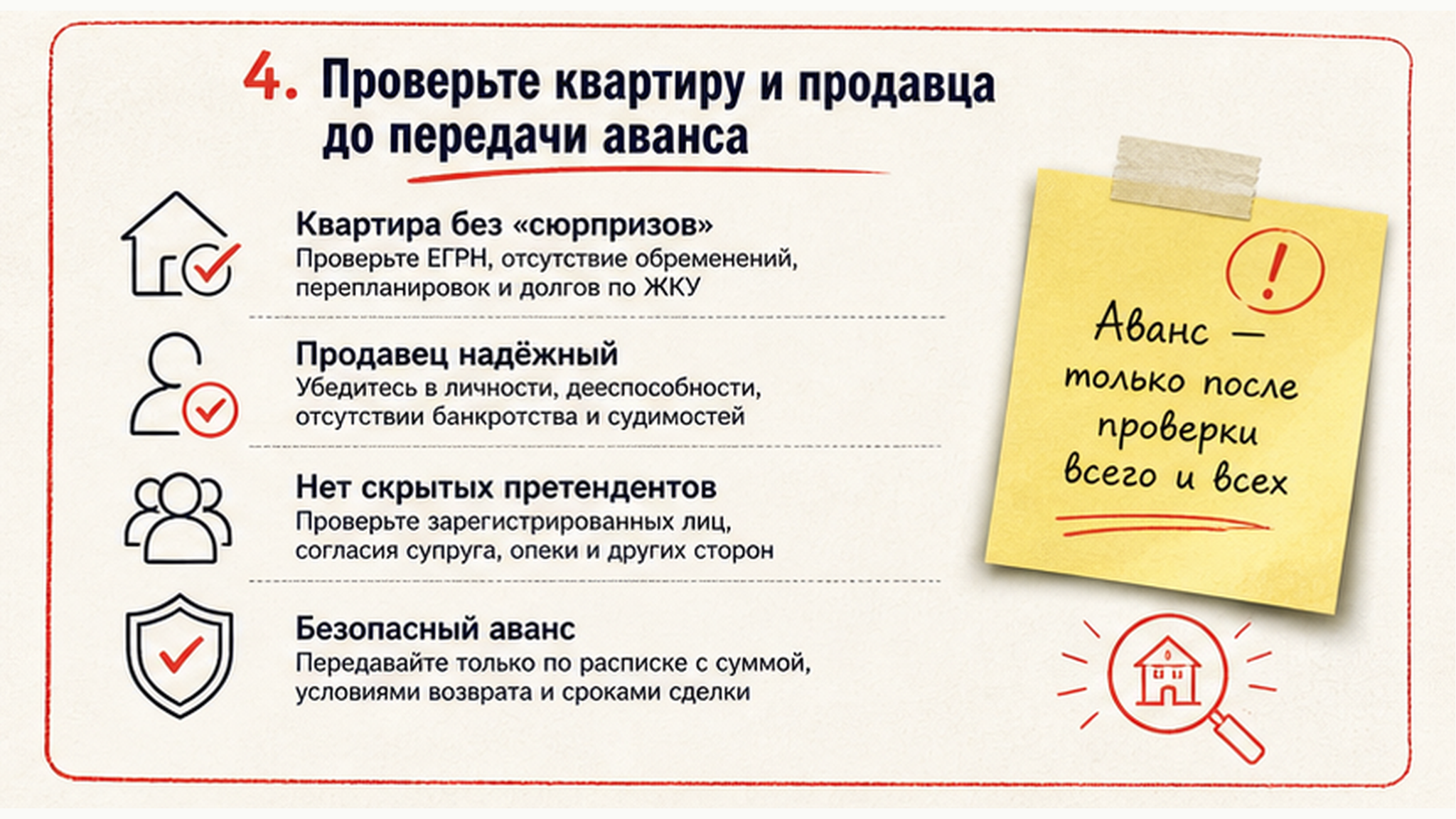 Карточка-инфографика: 4. Проверьте квартиру и продавца до передачи аванса