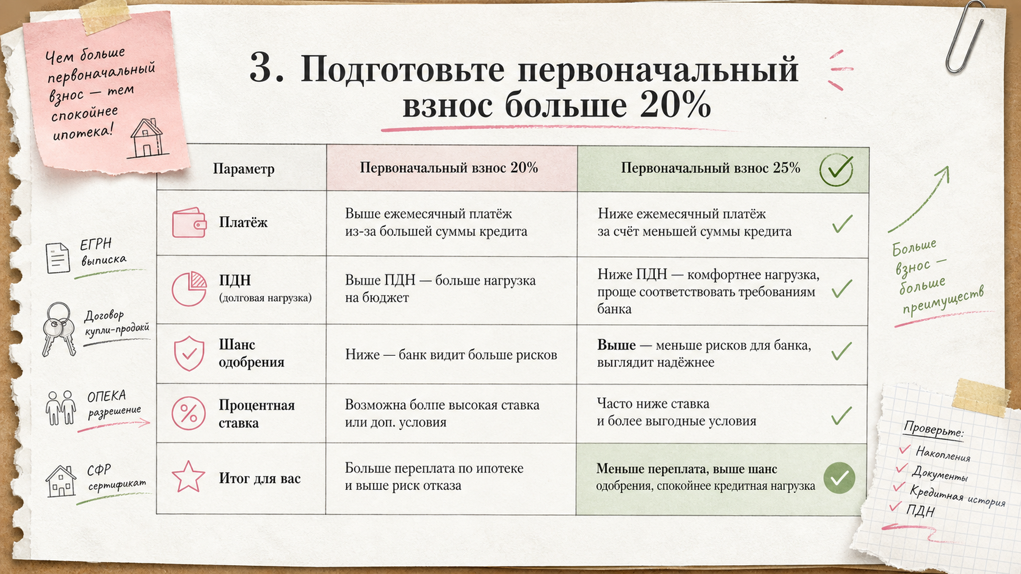 Сравнительная таблица на бумаге: 3. Подготовьте первоначальный взнос больше 20%