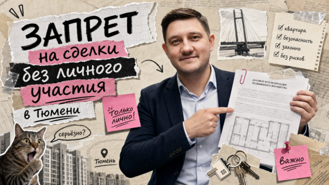 Обложка: запрет на сделки без личного участия в Тюмени — мем-коллаж с цифрой 45 000+ заявлений, Госуслуги и замком