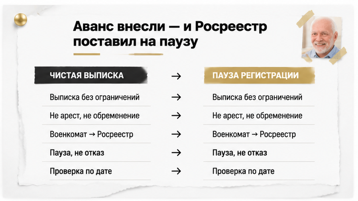 Сравнение чистой выписки и приостановления регистрации: отсутствие ареста не исключает паузу по данным военкомата.