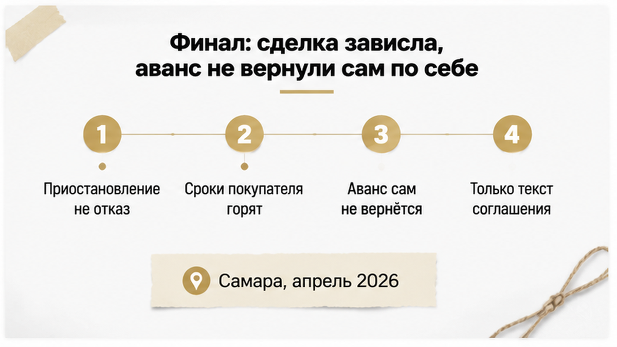 Последствия приостановления: это не отказ, но сроки покупателя идут, а возврат аванса зависит от текста соглашения.