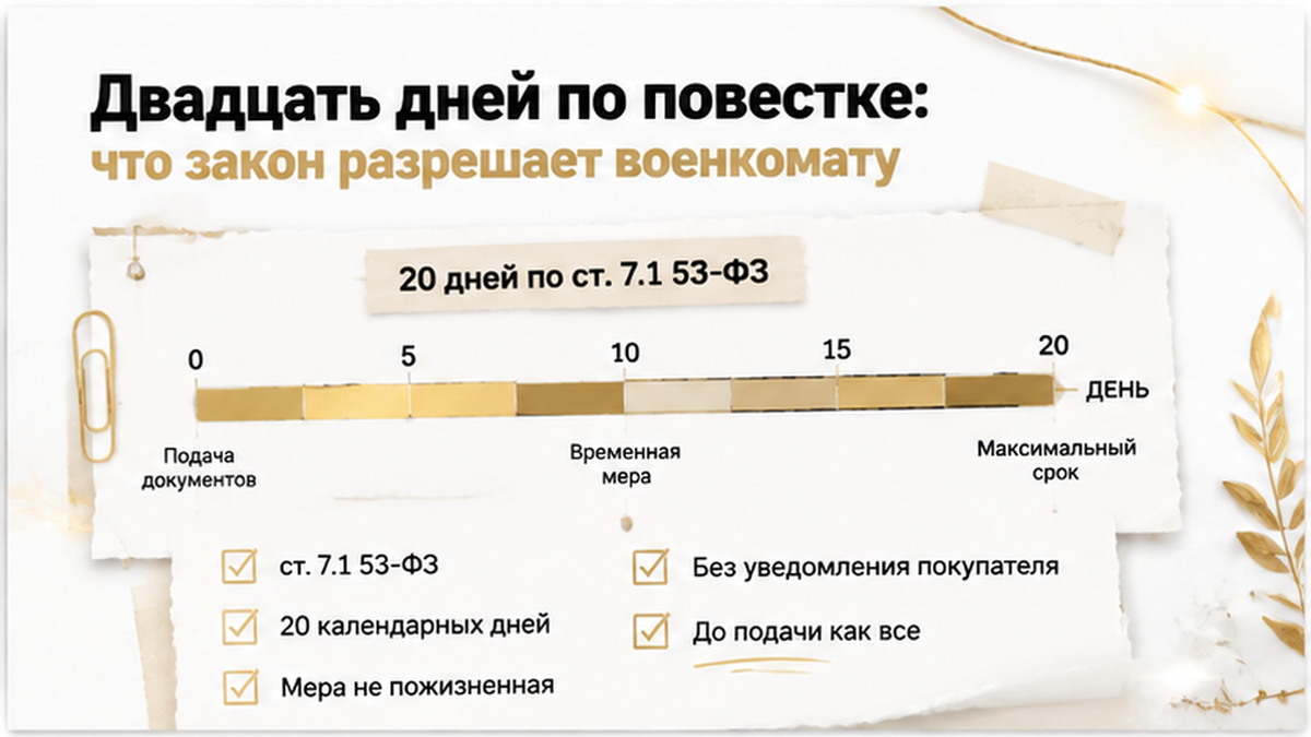 Временная шкала двадцати календарных дней по повестке и разница между проверкой до подачи документов и фактической регистрацией.