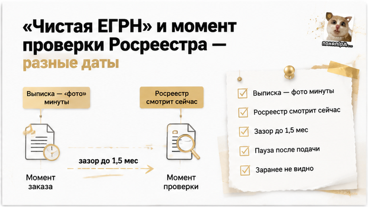 Схема разрыва между датой получения чистой выписки и моментом, когда Росреестр проверяет сведения при подаче.